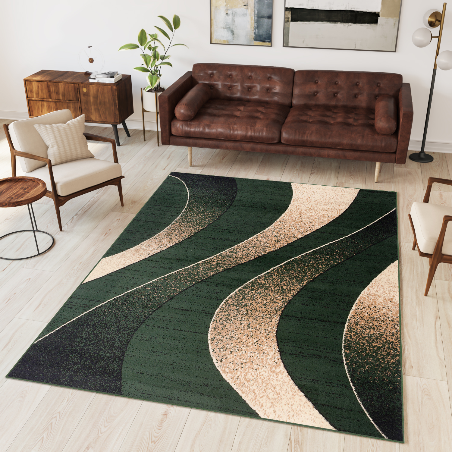 Tappeto Dream Moderno Verde Scuro Onde Beige