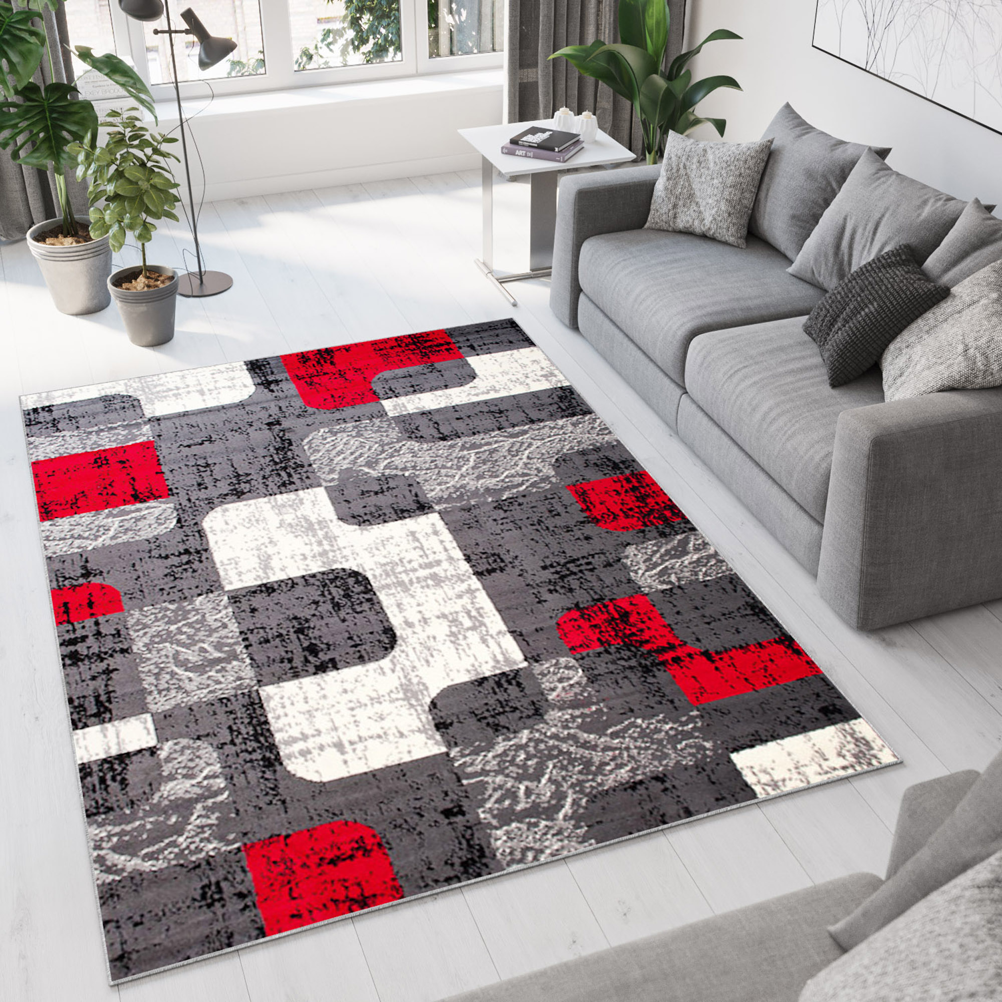 Tappeto Dream Grigio Bianco Rosso Figure Geometriche
