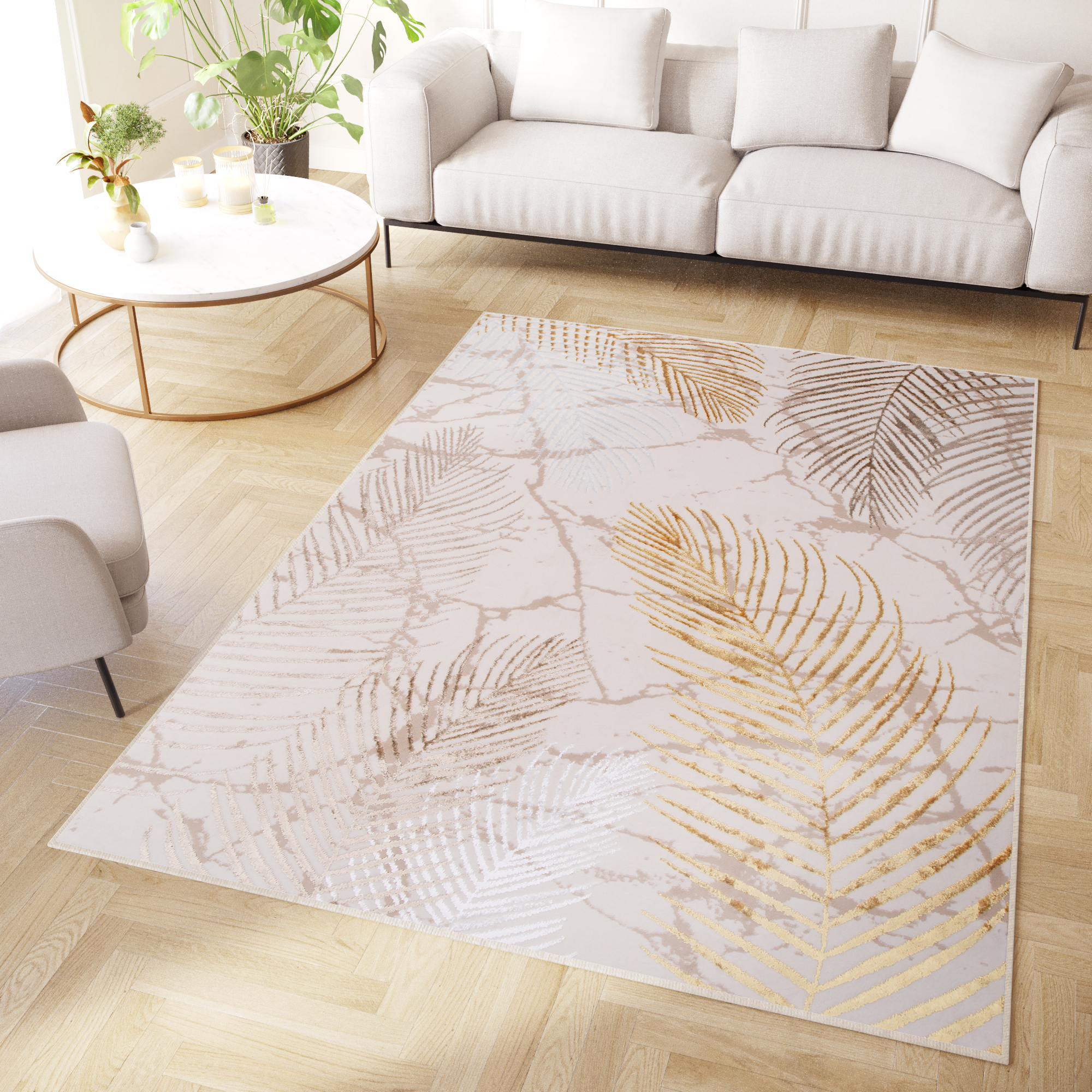Tappeto Crystal Oro Marrone Crema Foglie Effetto 3D