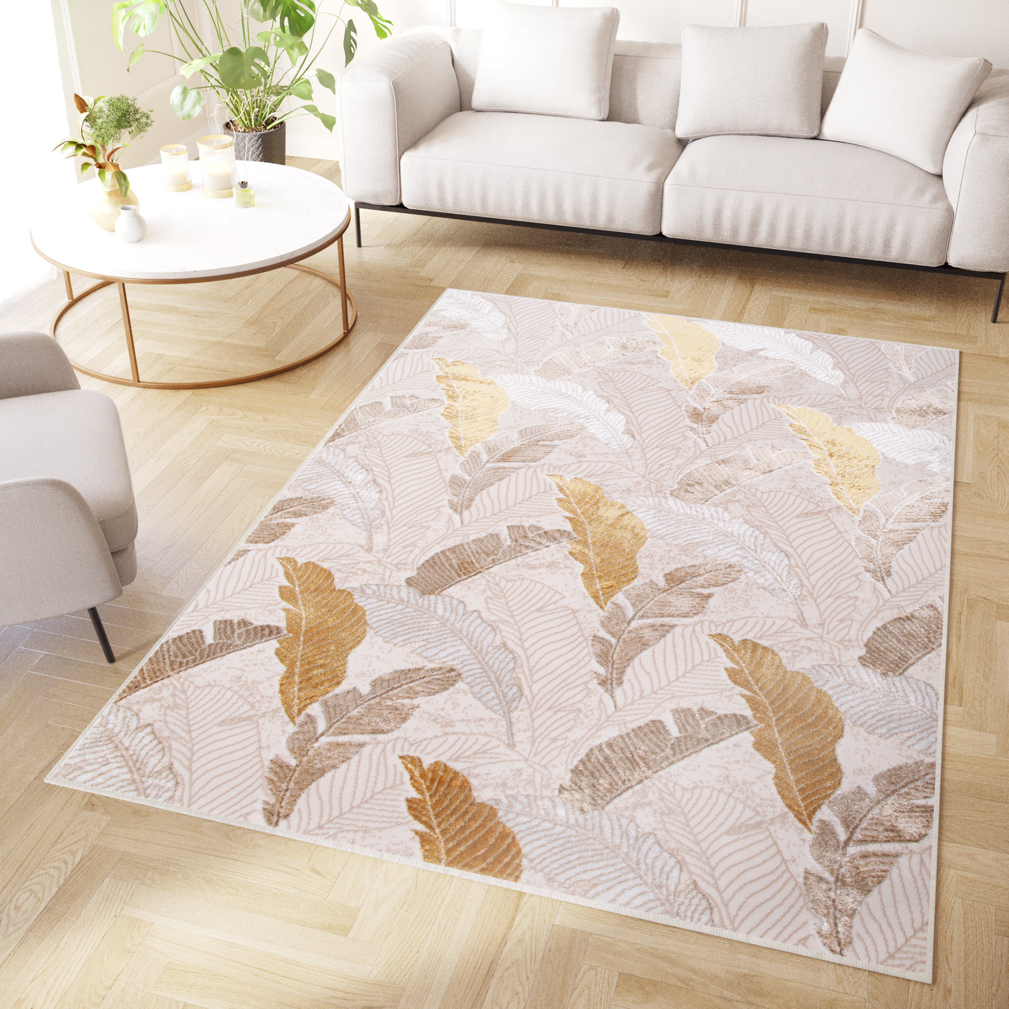 Tappeto Crystal Oro Marrone Beige Foglie Effetto 3D