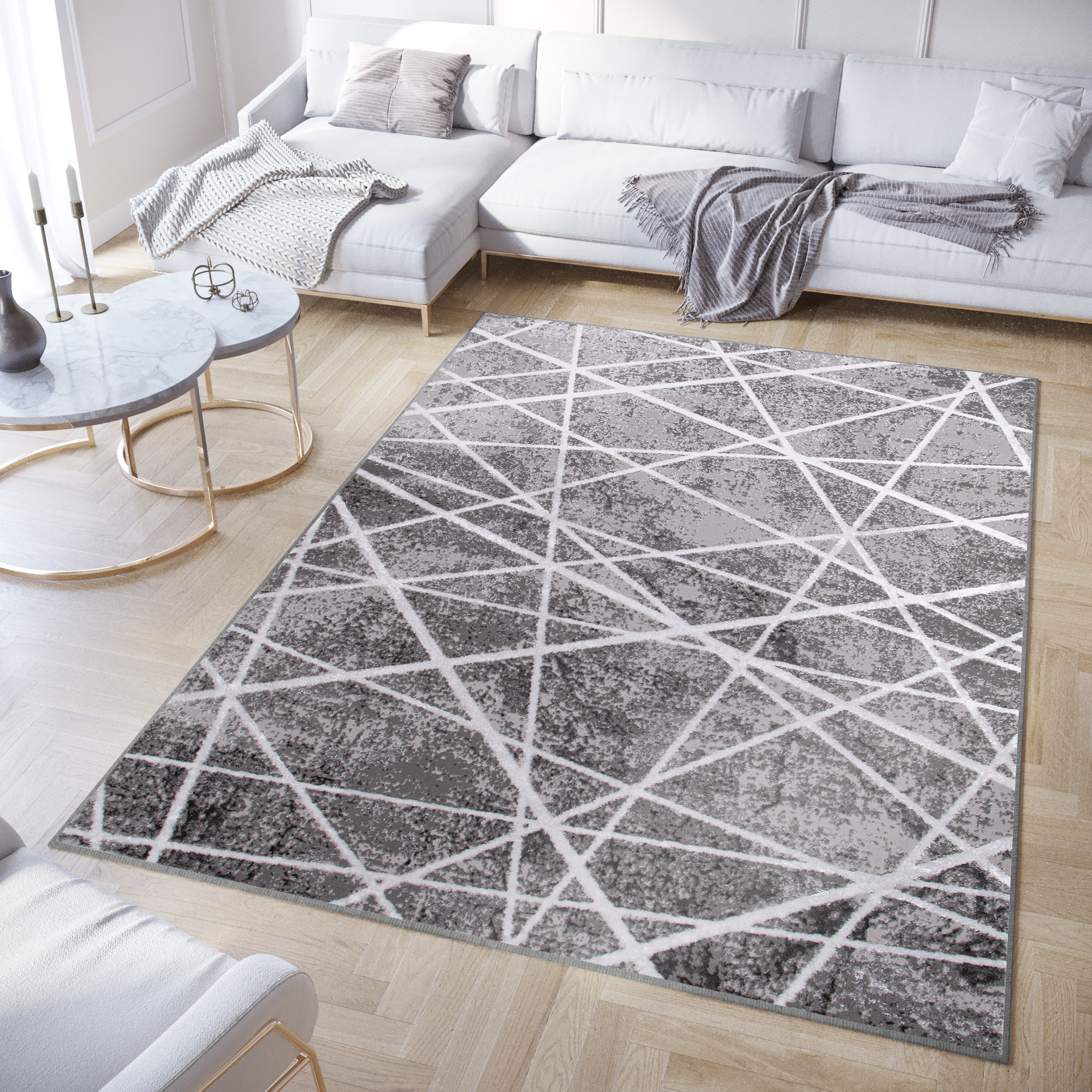 Tappeto Crystal Grigio Bianco Geometrico Linee Effetto 3D
