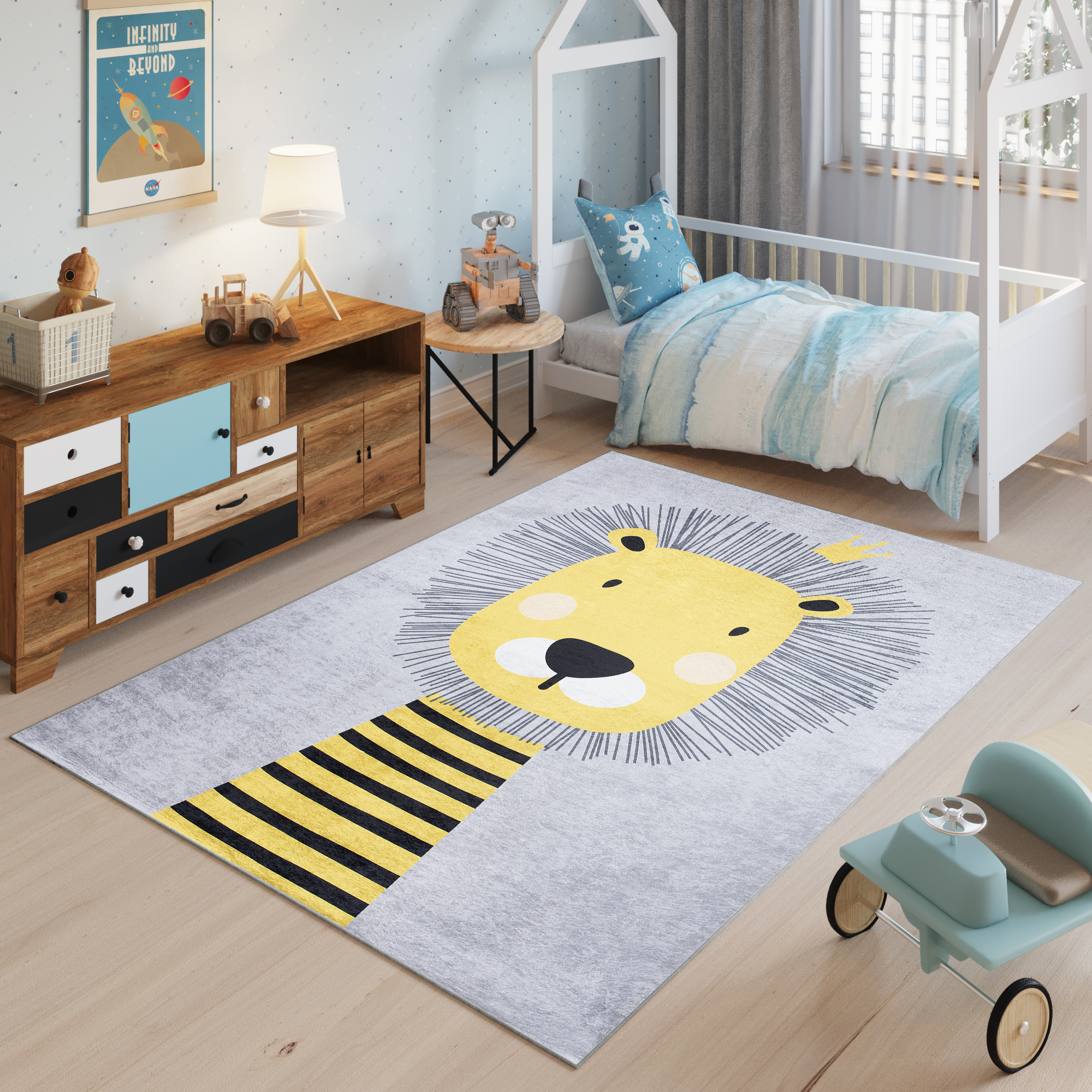 Tappeto Emma Bambini Grigio Giallo Leone Antiscivolo