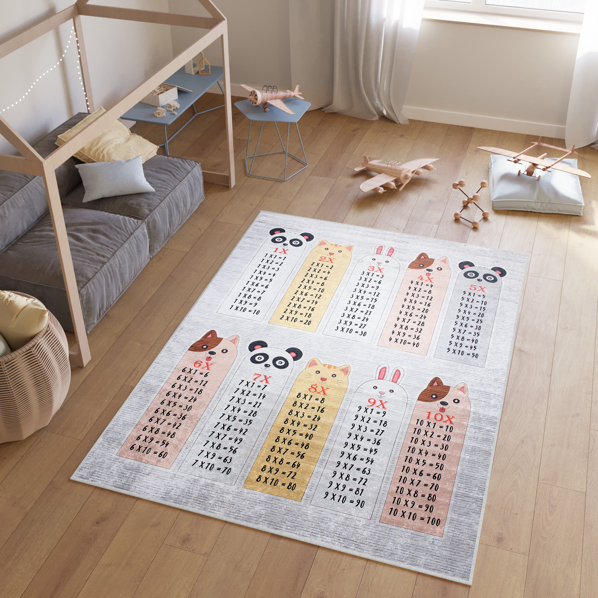 Tappeto Emma Grigio Animali Tabelline di Moltiplicazione