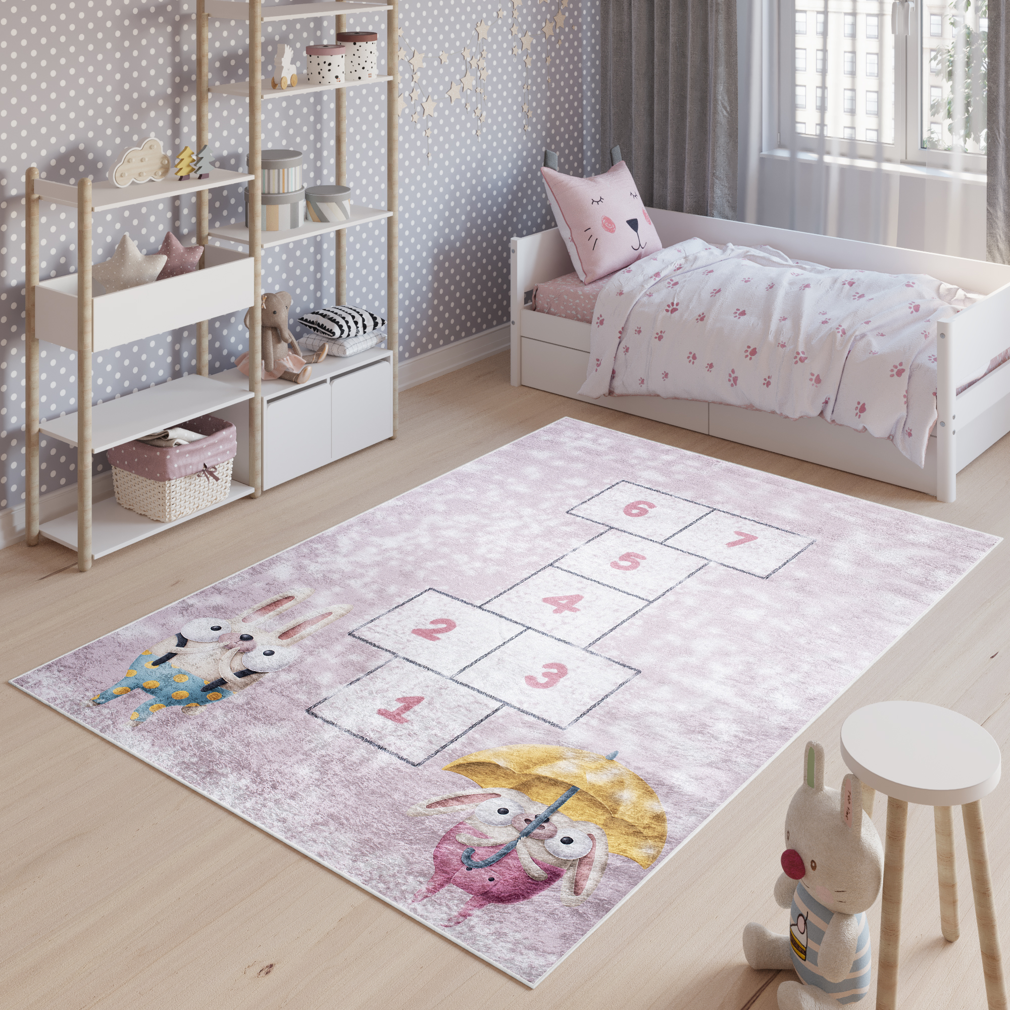 Tappeto Emma Bambini Rosa Lepri Giocco a Campana Antiscivolo