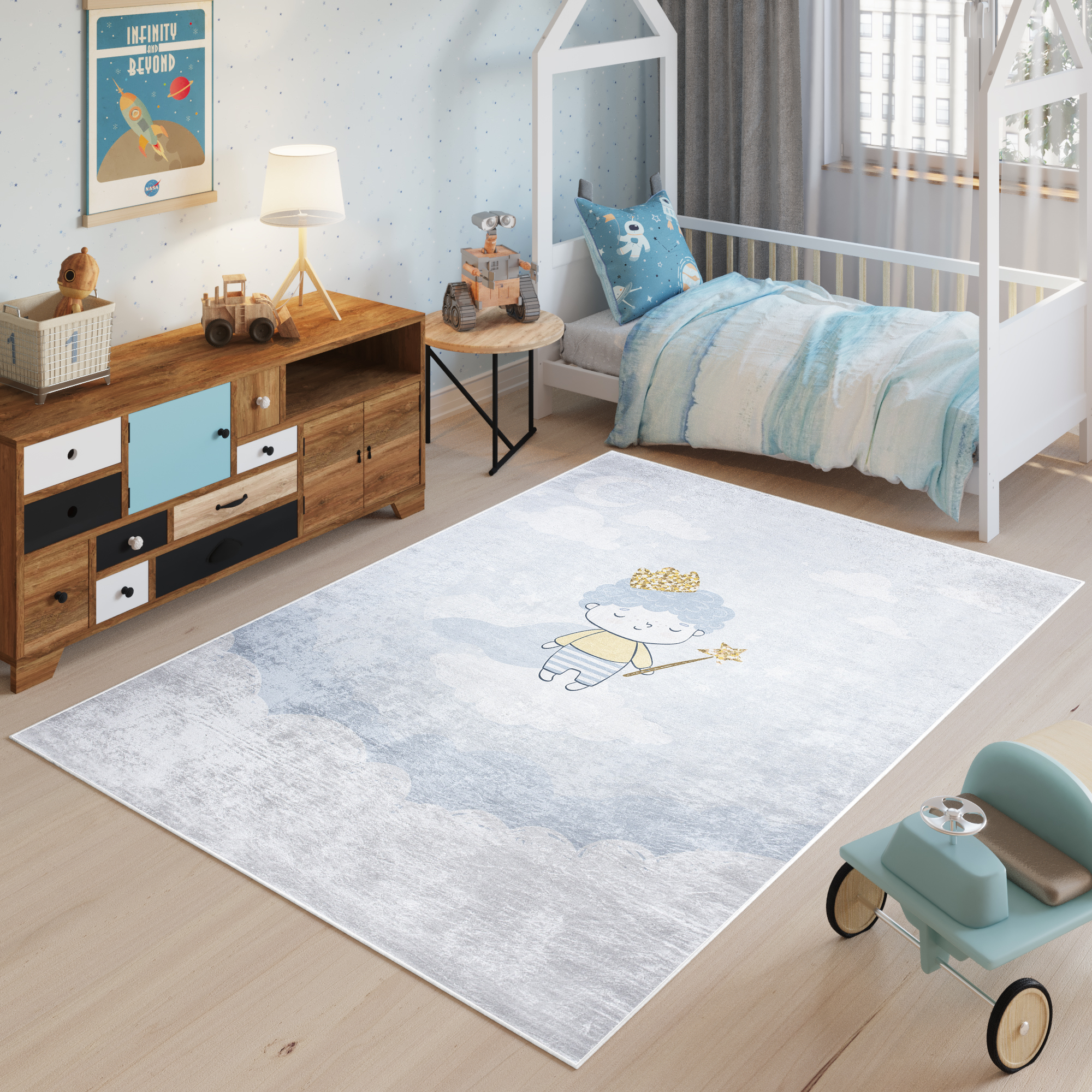 Tappeto Emma Bambini Blu Grigio Principe Antiscivolo