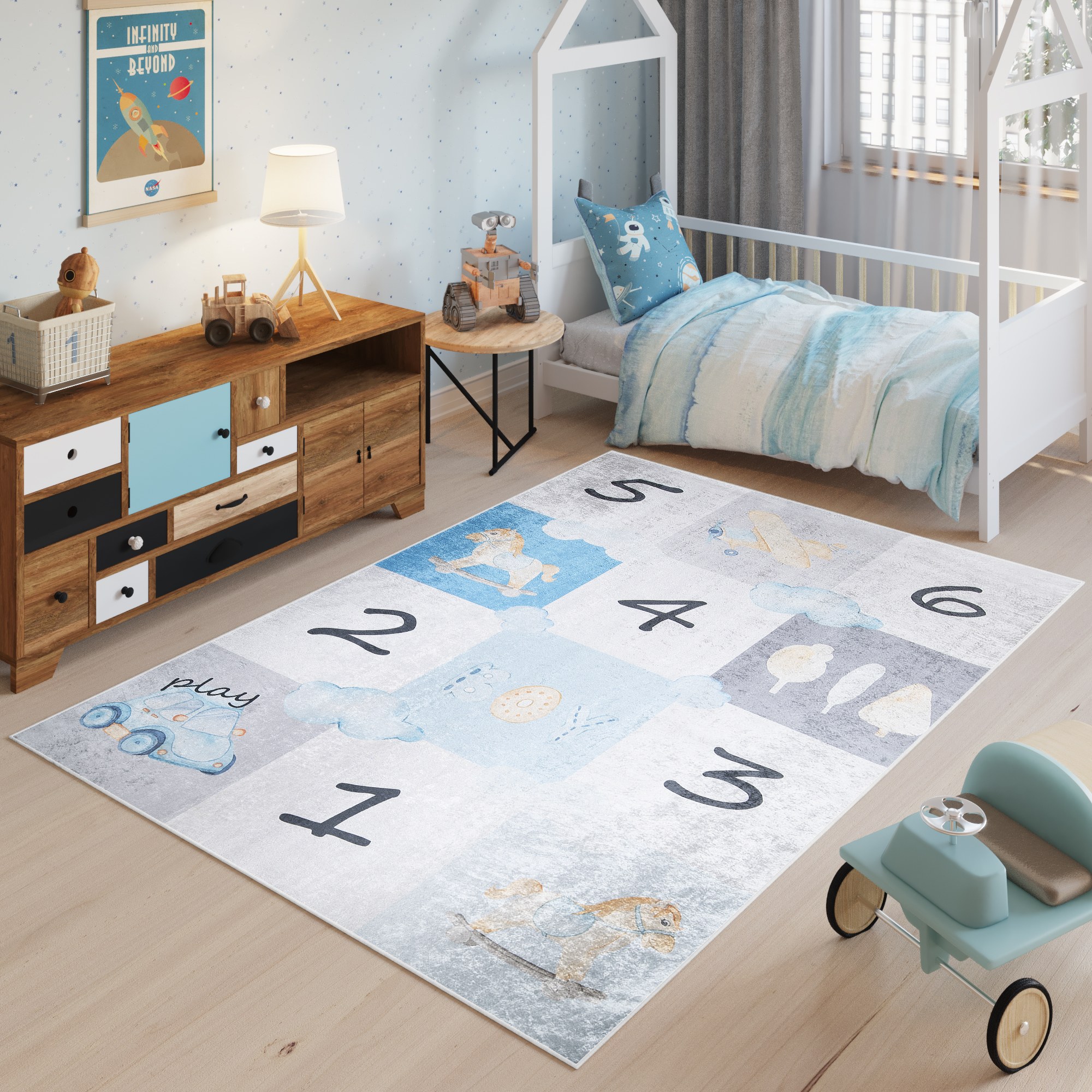 Tappeto Emma Bambini Grigio Blu Giocco a Campana Antiscivolo