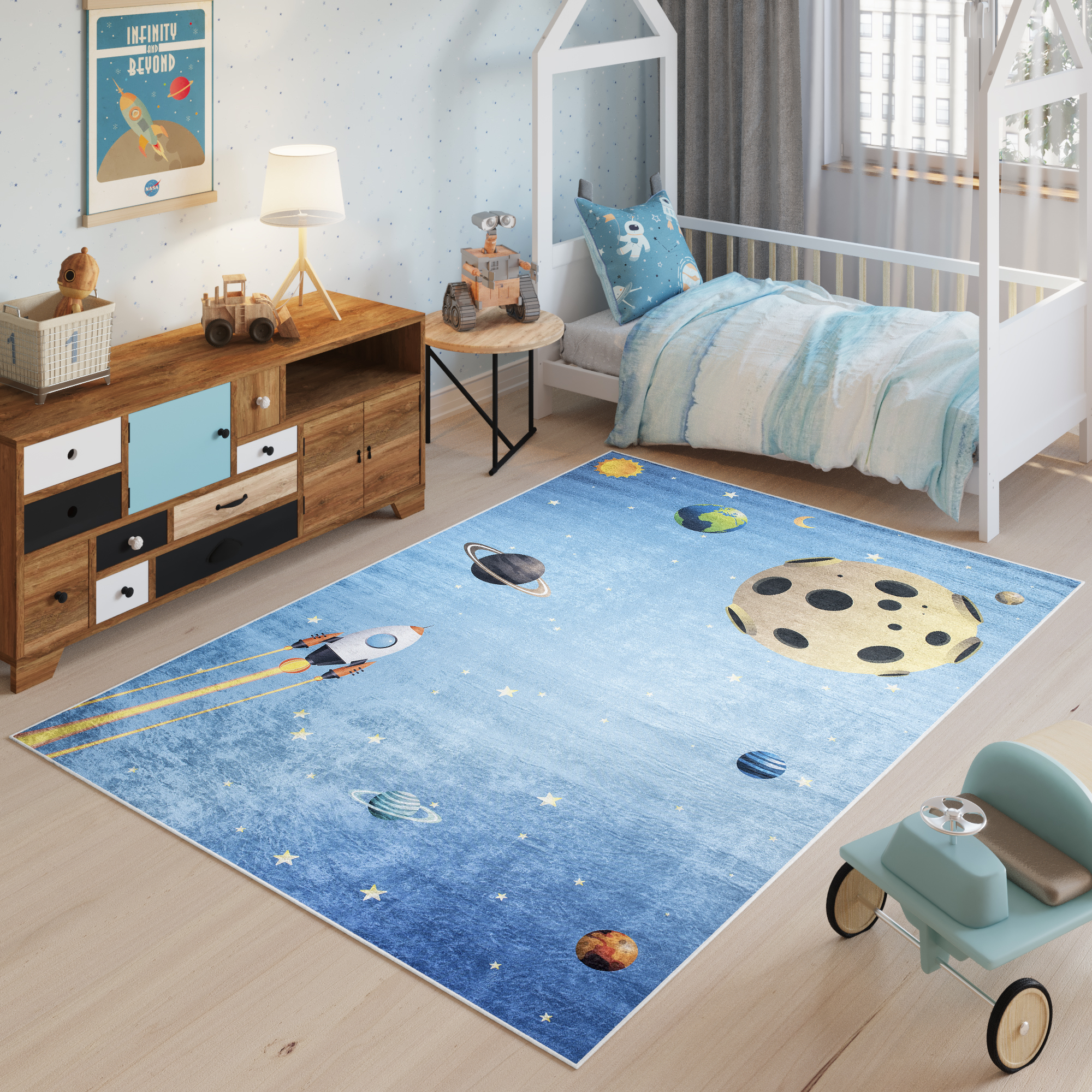 Tappeto Emma Bambini Blu Spazio Pianeti Antiscivolo