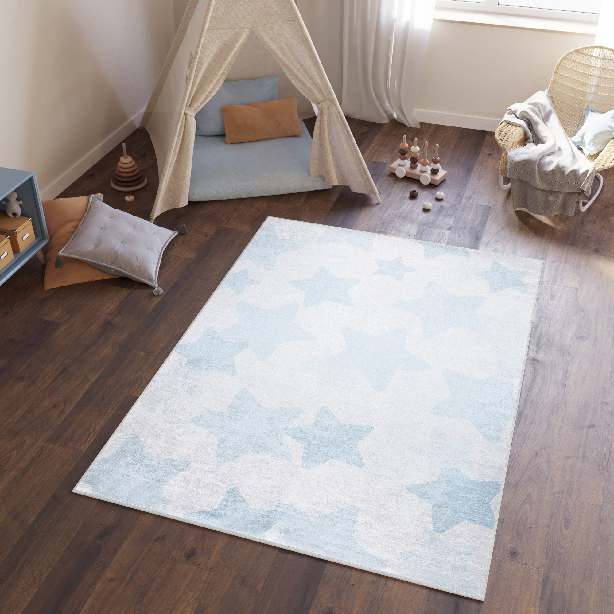 Tappeto Emma Bambini Blu Pallido Stelle Antiscivolo
