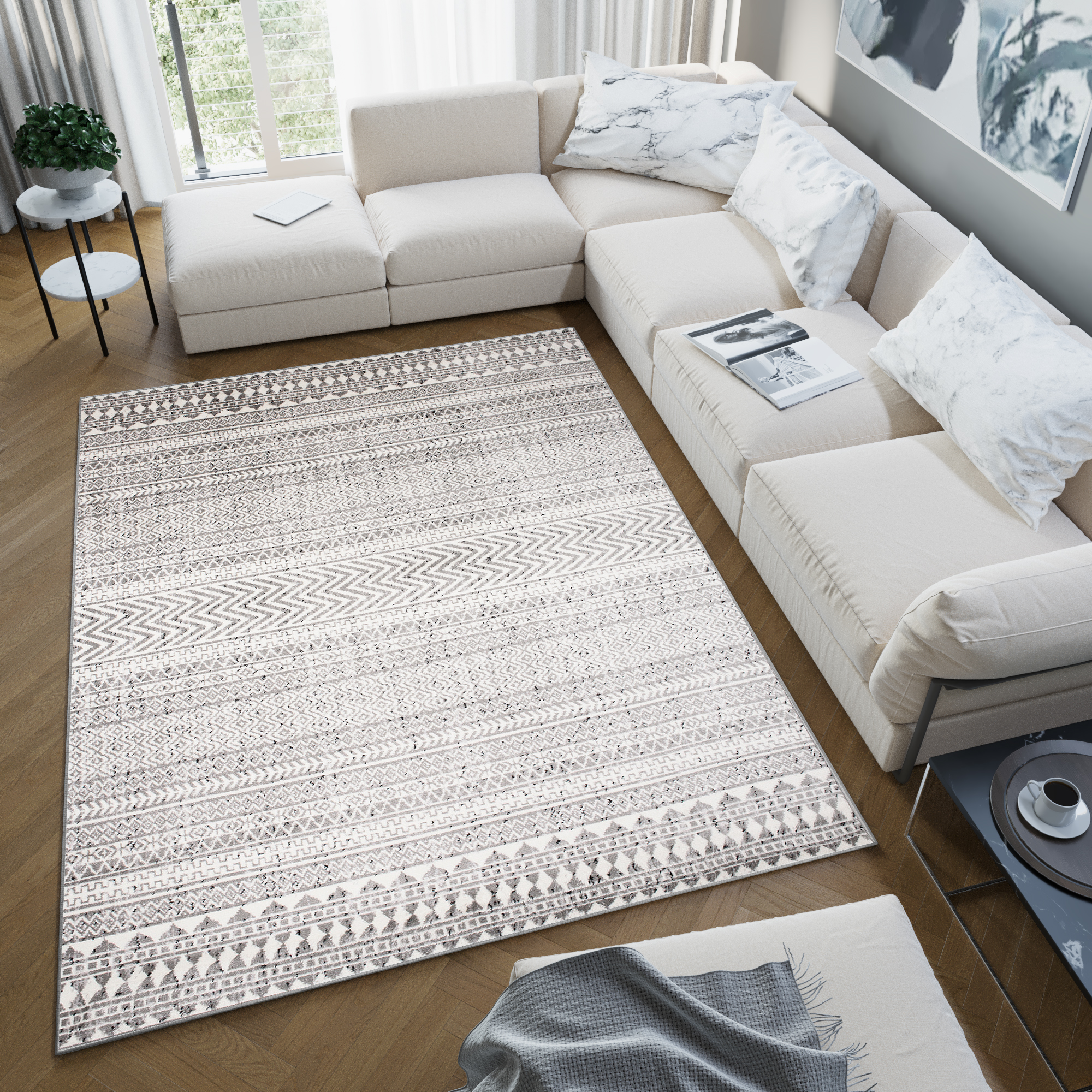 Tappeto Juno Moderno Motivo Etnico Crema Beige A Pelo Corto