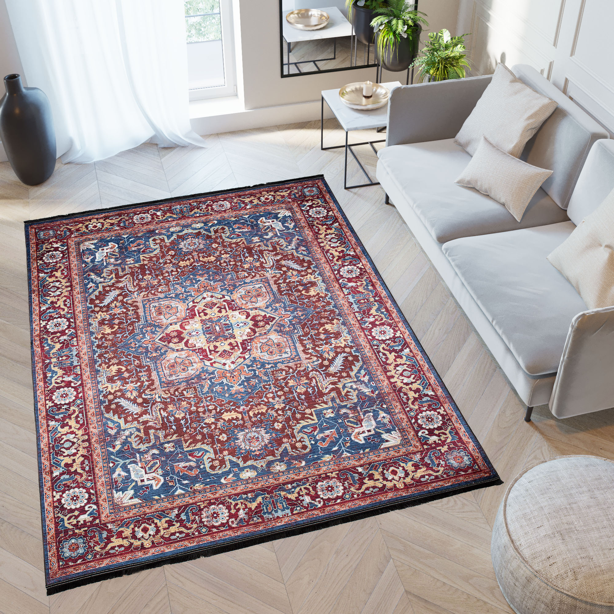 Tappeto Victoria con Frange Rosso Blu Scuro
