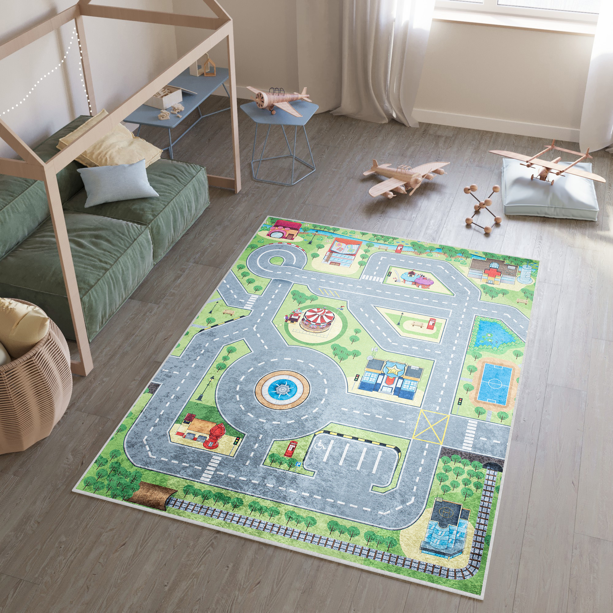 Tappeto Emma Antiscivolo Lavabile Verde Grigio Strada
