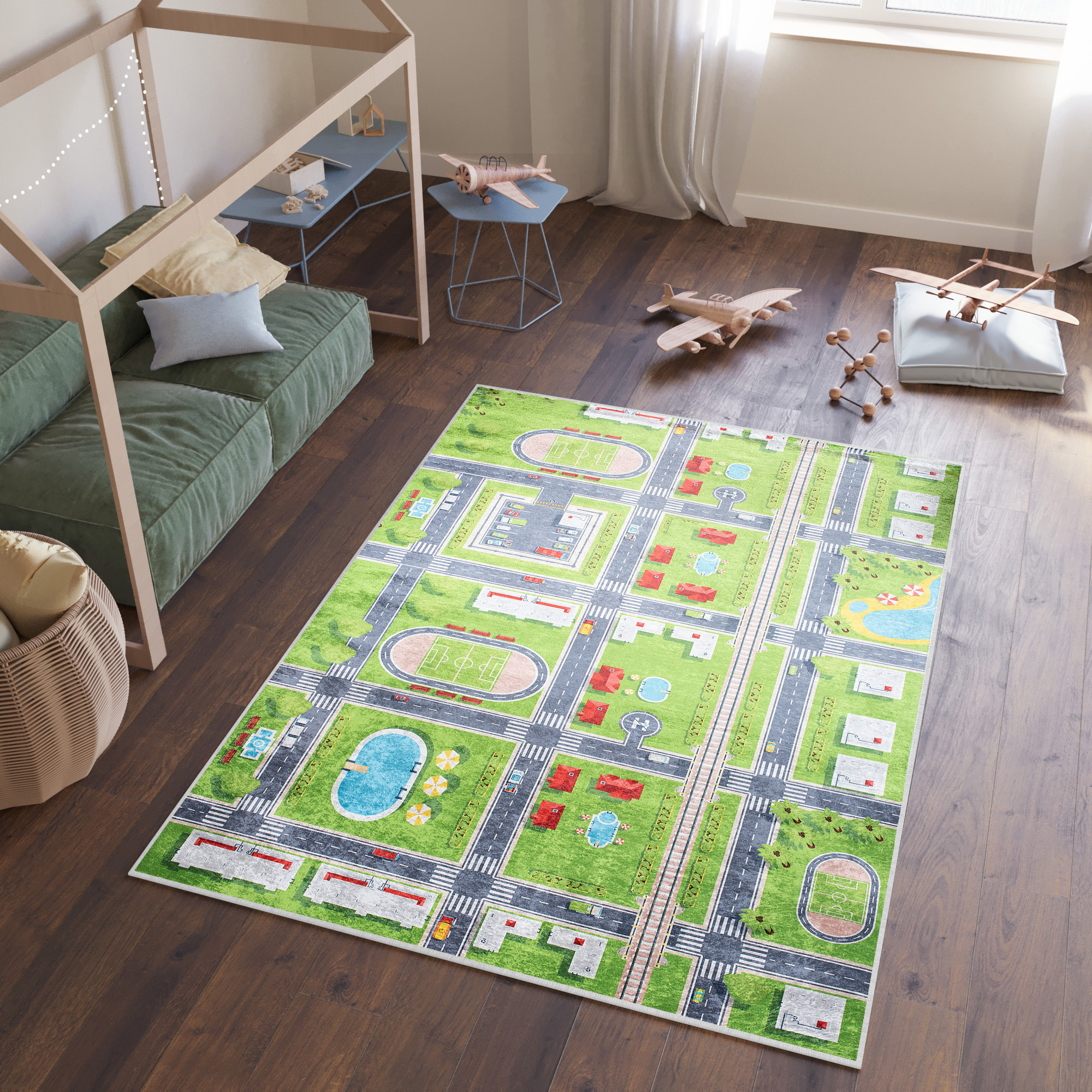 Tappeto Emma Bambini Verde Grigio Città Antiscivolo