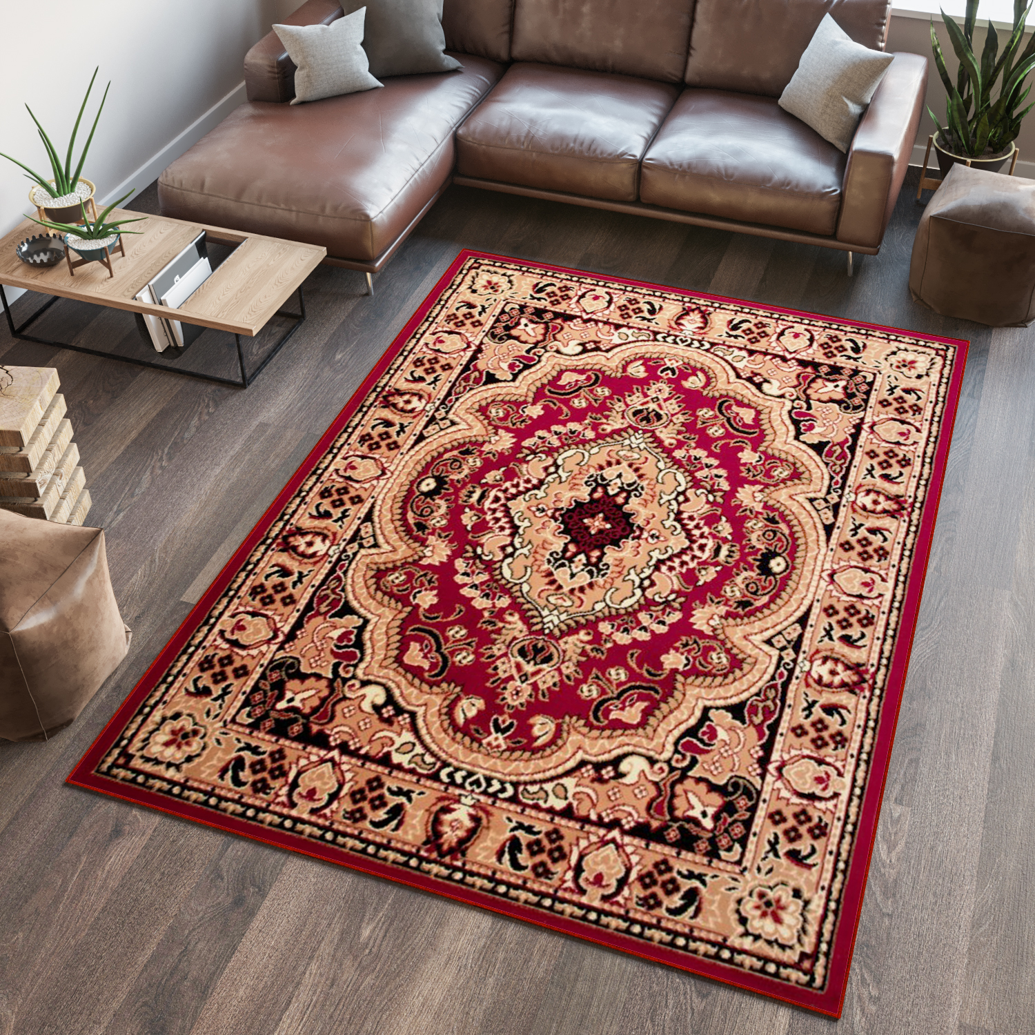 Tappeto Atlas Rosso Beige Tradizionale Medaglione