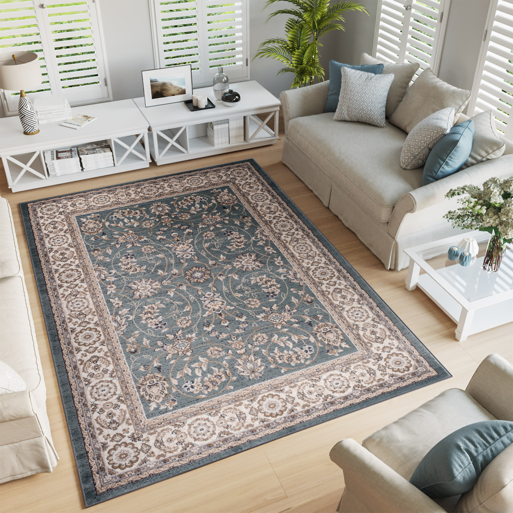 Tappeto Colorado Tradizionale Blu Beige Floreale