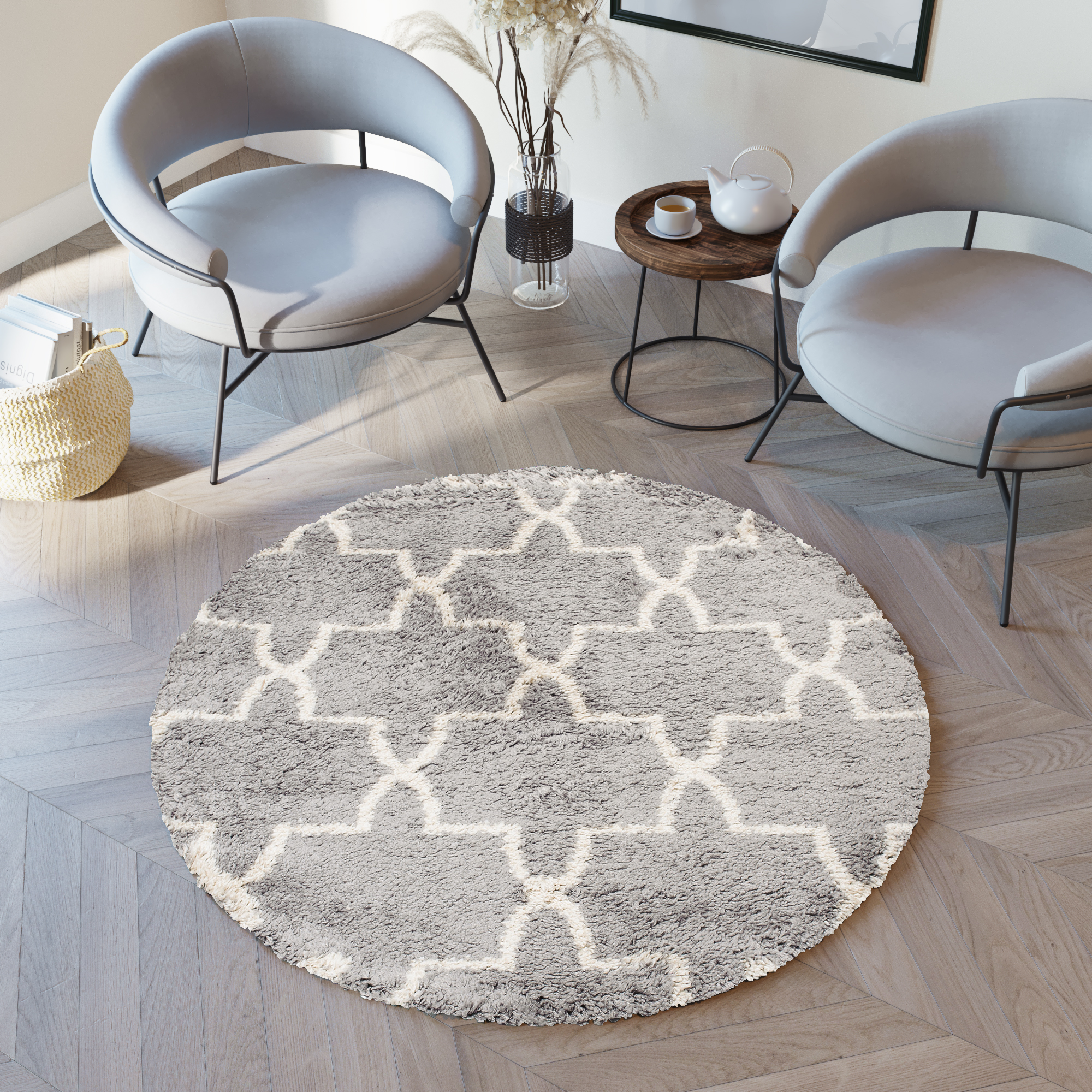 Tappeto Boho Rotondo Grigio Marocchino Trifoglio