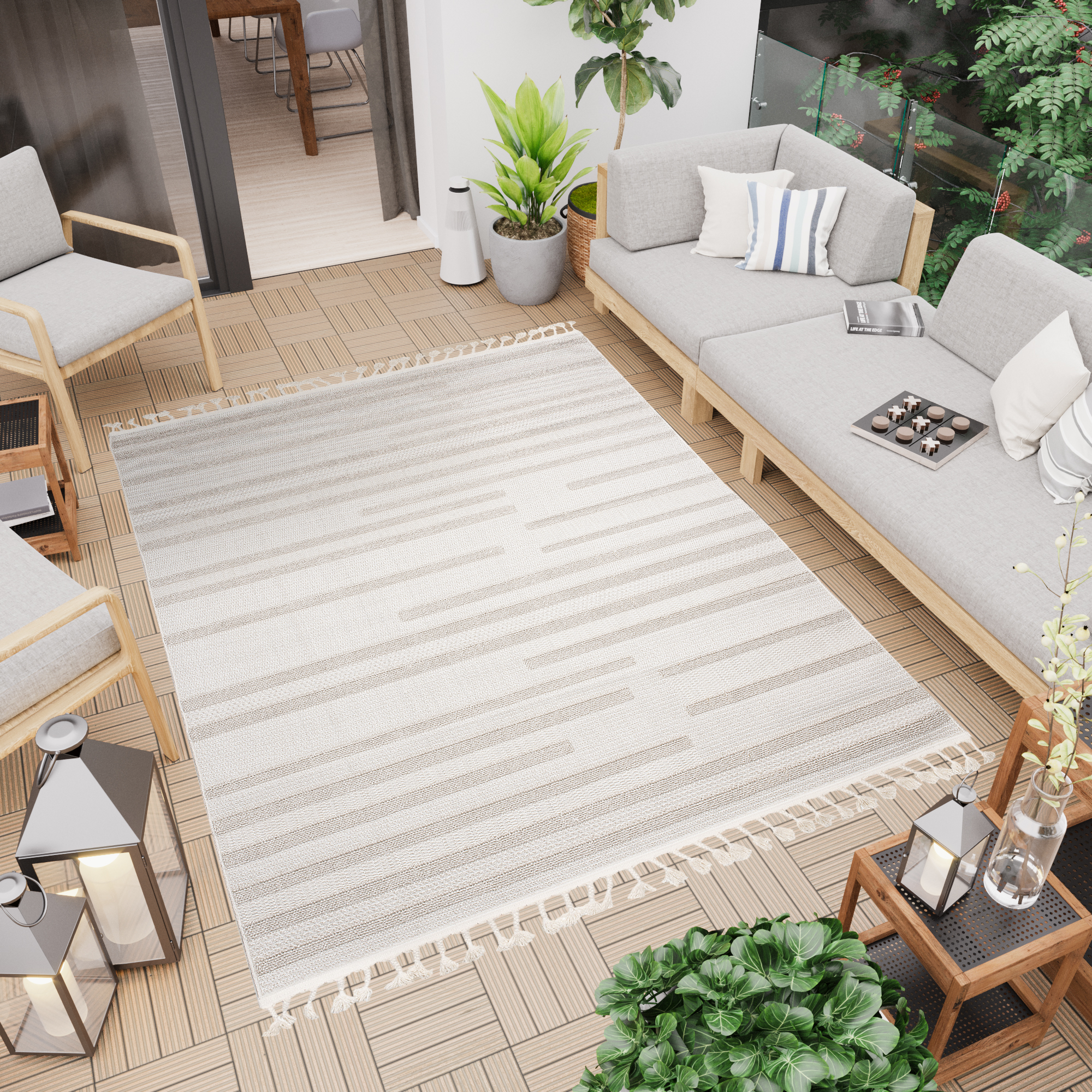 Tappeto Timber Indoor Outdoor Beige a Strisce con Frange