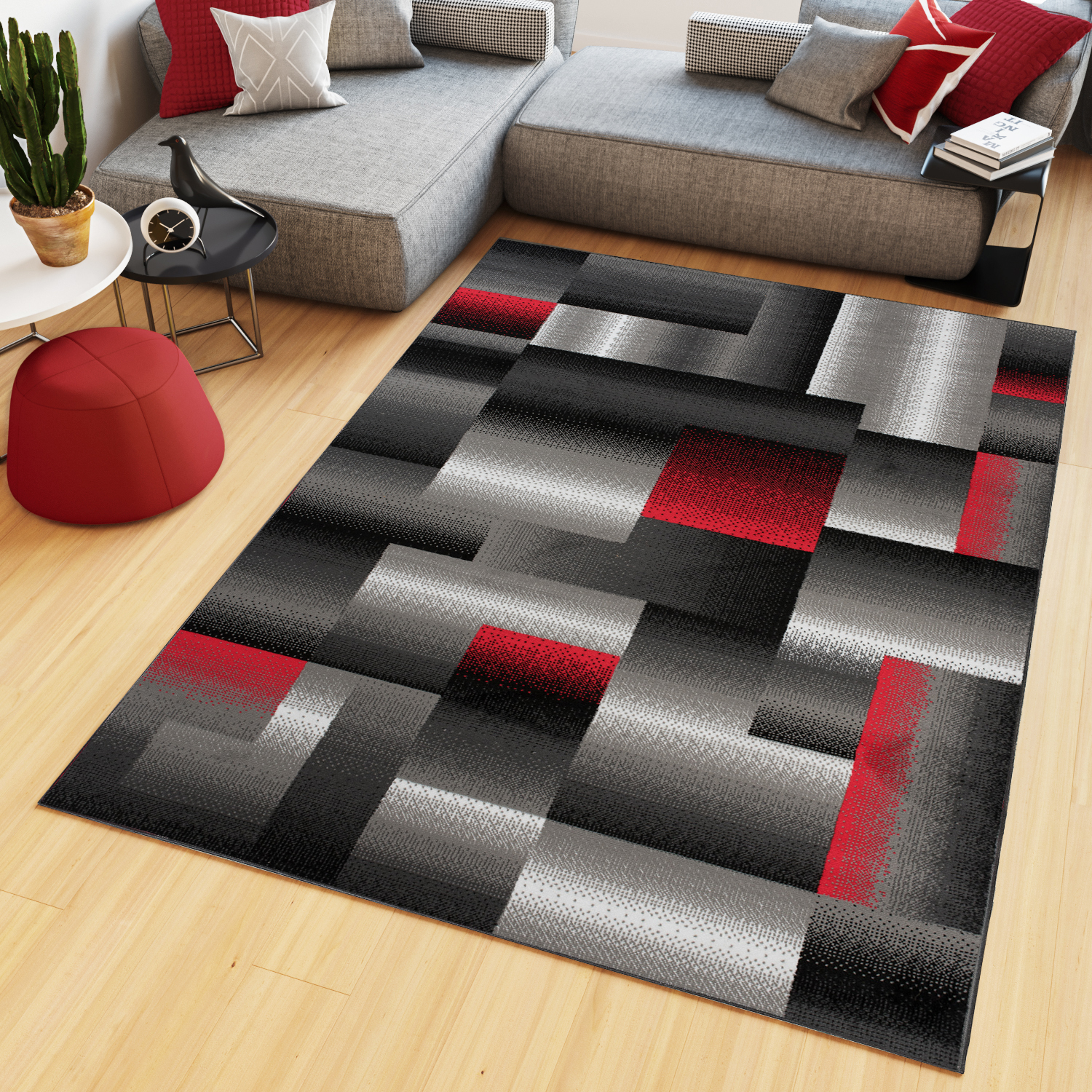 Tappeto Maya Grigio Rosso Rettangoli
