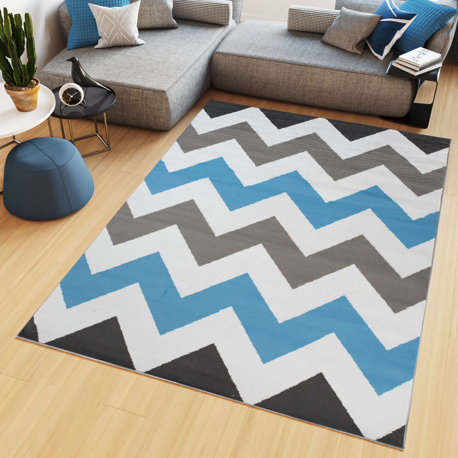 Tappeto Maya Grigio Blu Geometrico Zigzag