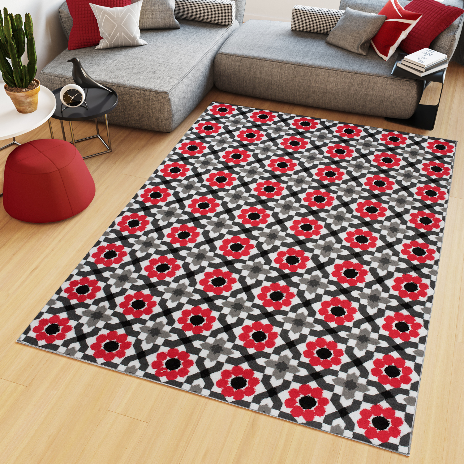 Tappeto Maya Grigio Rosso Floreale Mosaico