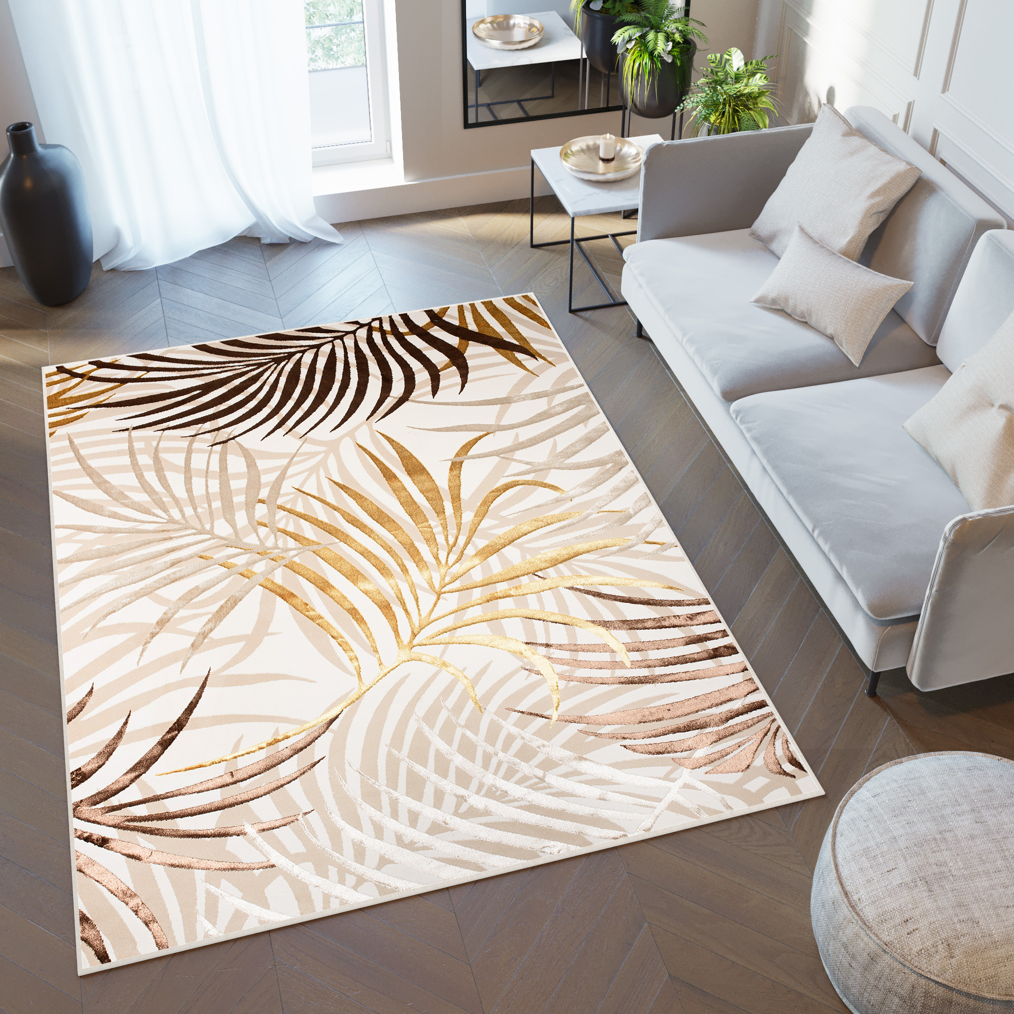 Tappeto Golden Crema Marrone Oro Foglie