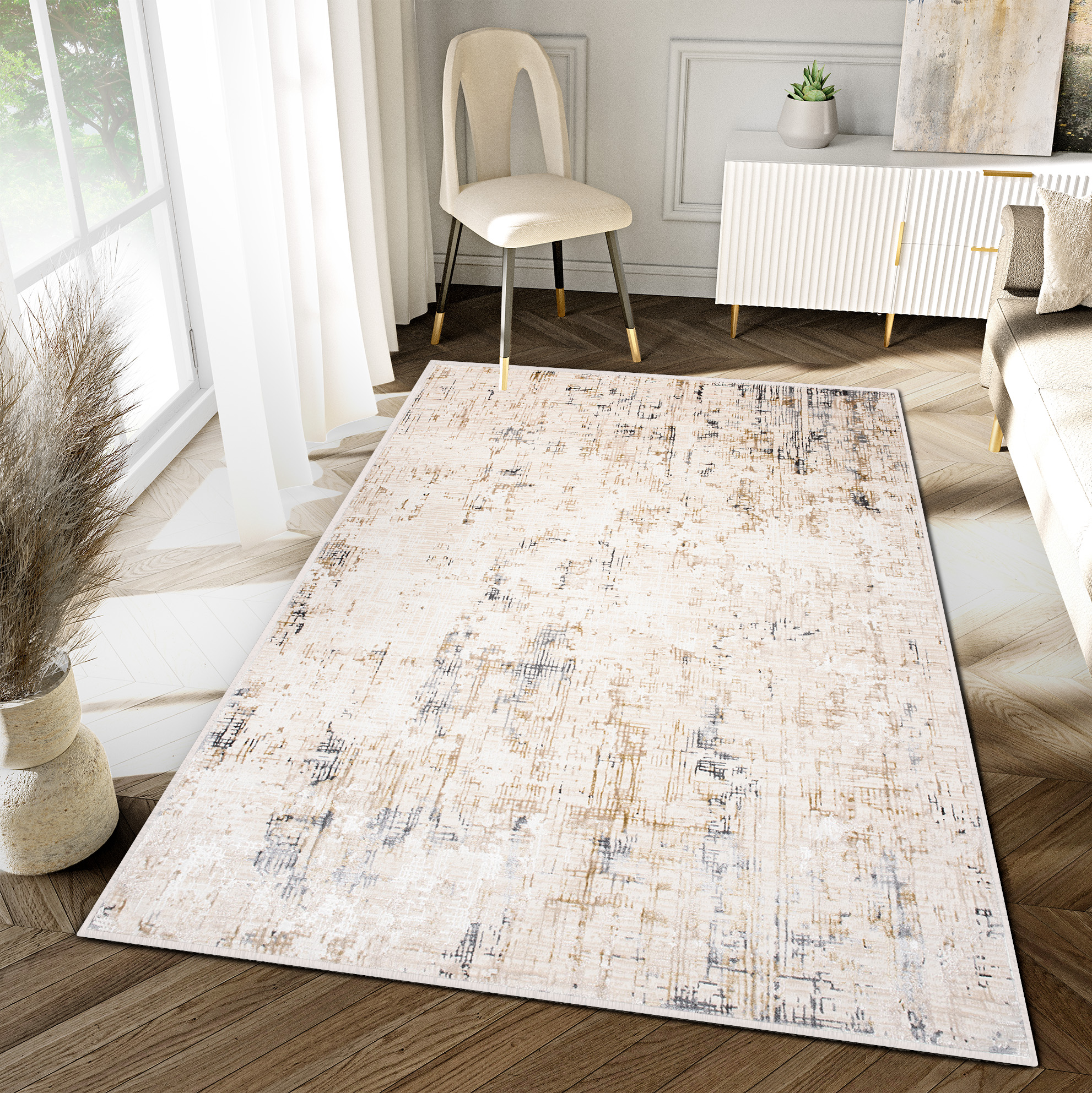 Tappeto Hera Beige Crema Grigio Astratto Strisce Effetto 3D