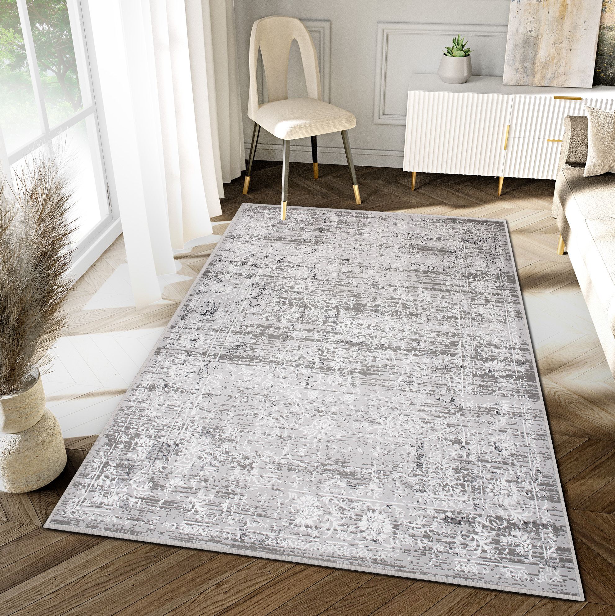 Tappeto Hera Grigio Scuro Crema Ornamenti Effetto 3D