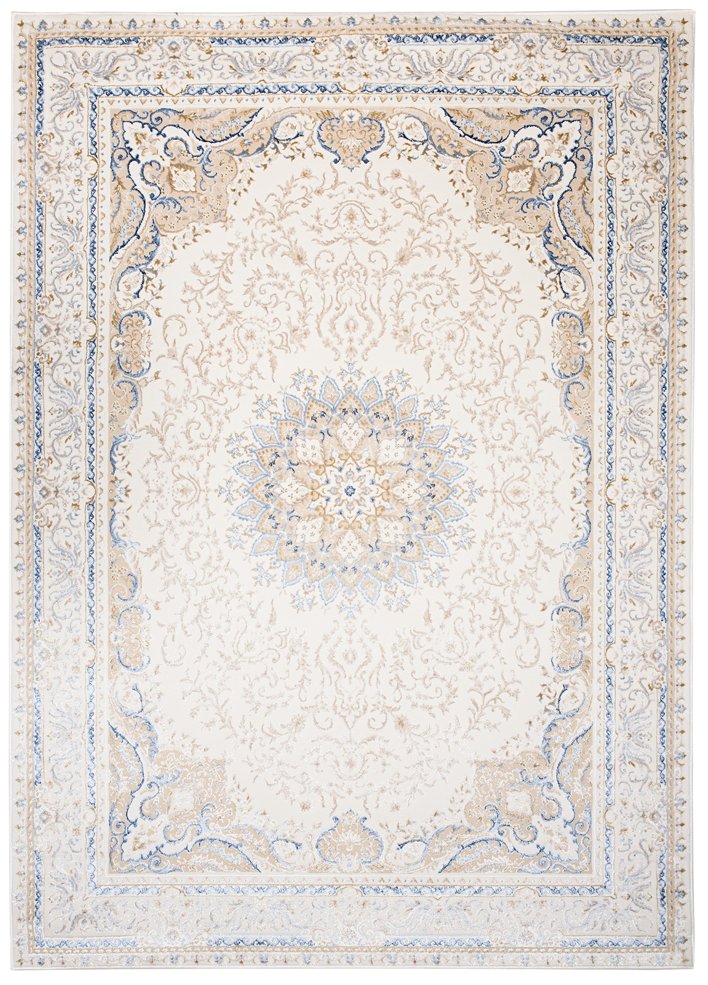 Tappeto Hera Crema Beige Blu Medaglione Effetto 3D