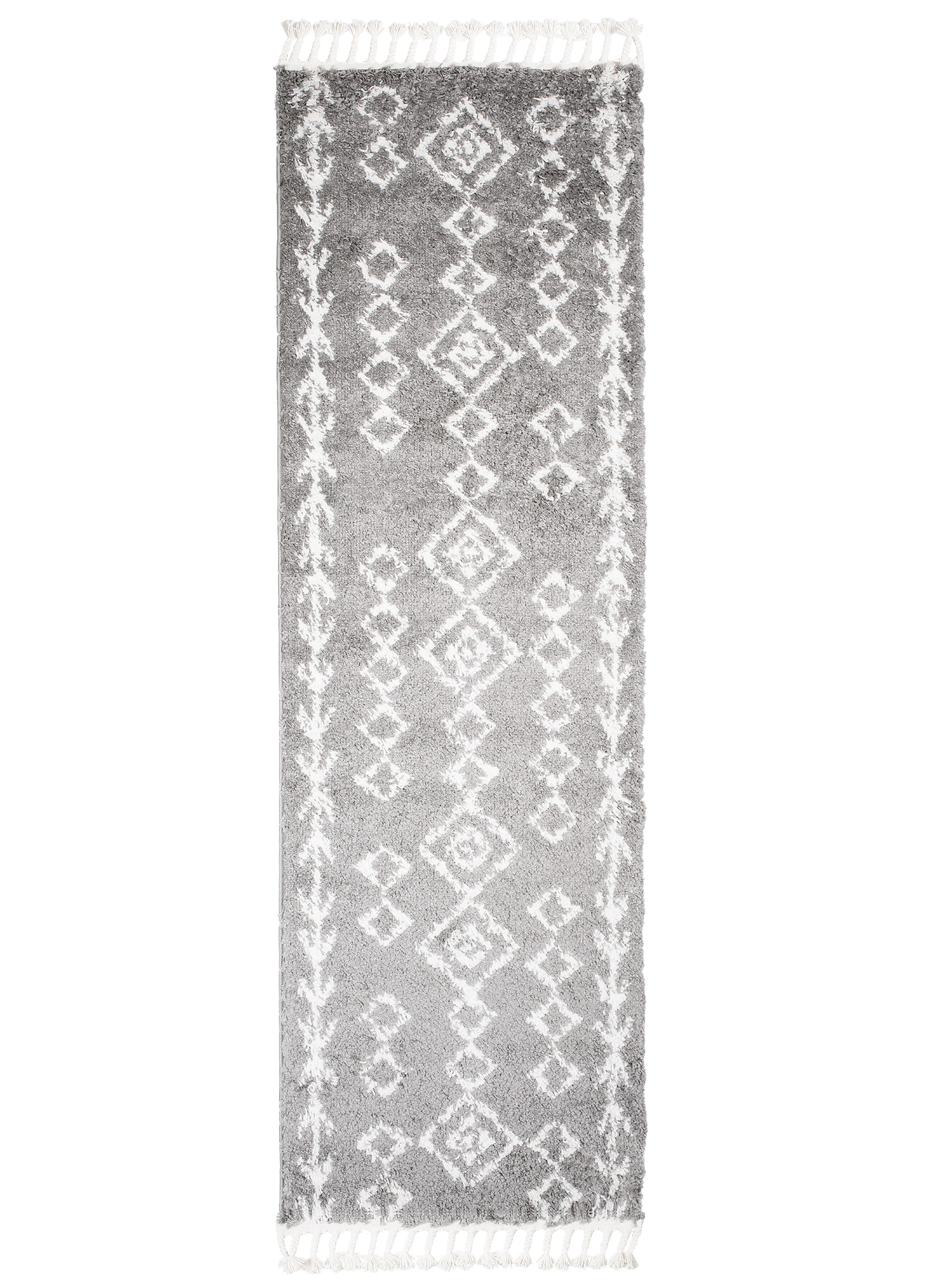 Tappeto Passatoia Boho con Frange Grigio Geometrico Shaggy