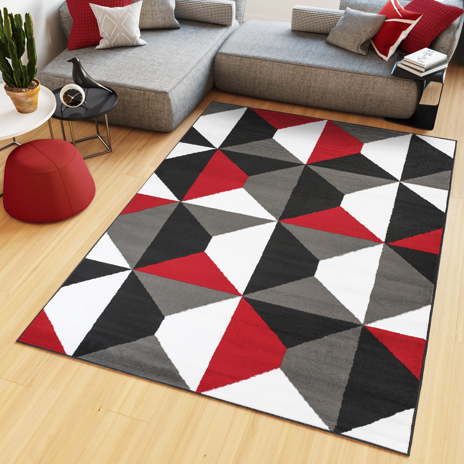 Tappeto Maya Grigio Rosso Trapezi Quadrati