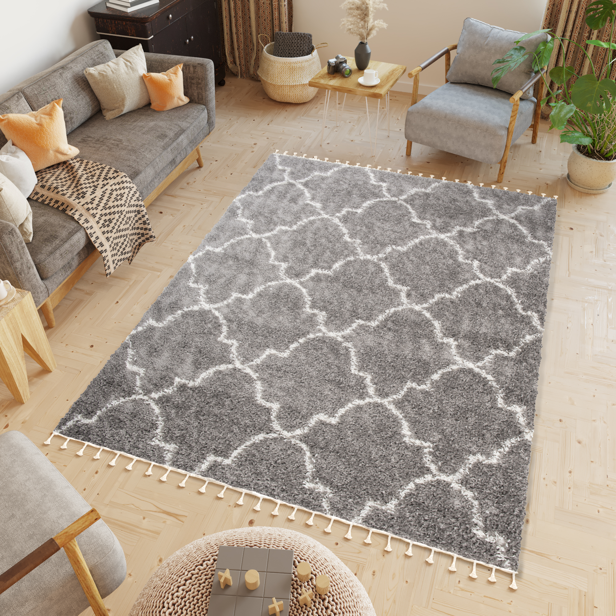 Tappeto Boho con Frange Grigio Marocchino Trifoglio