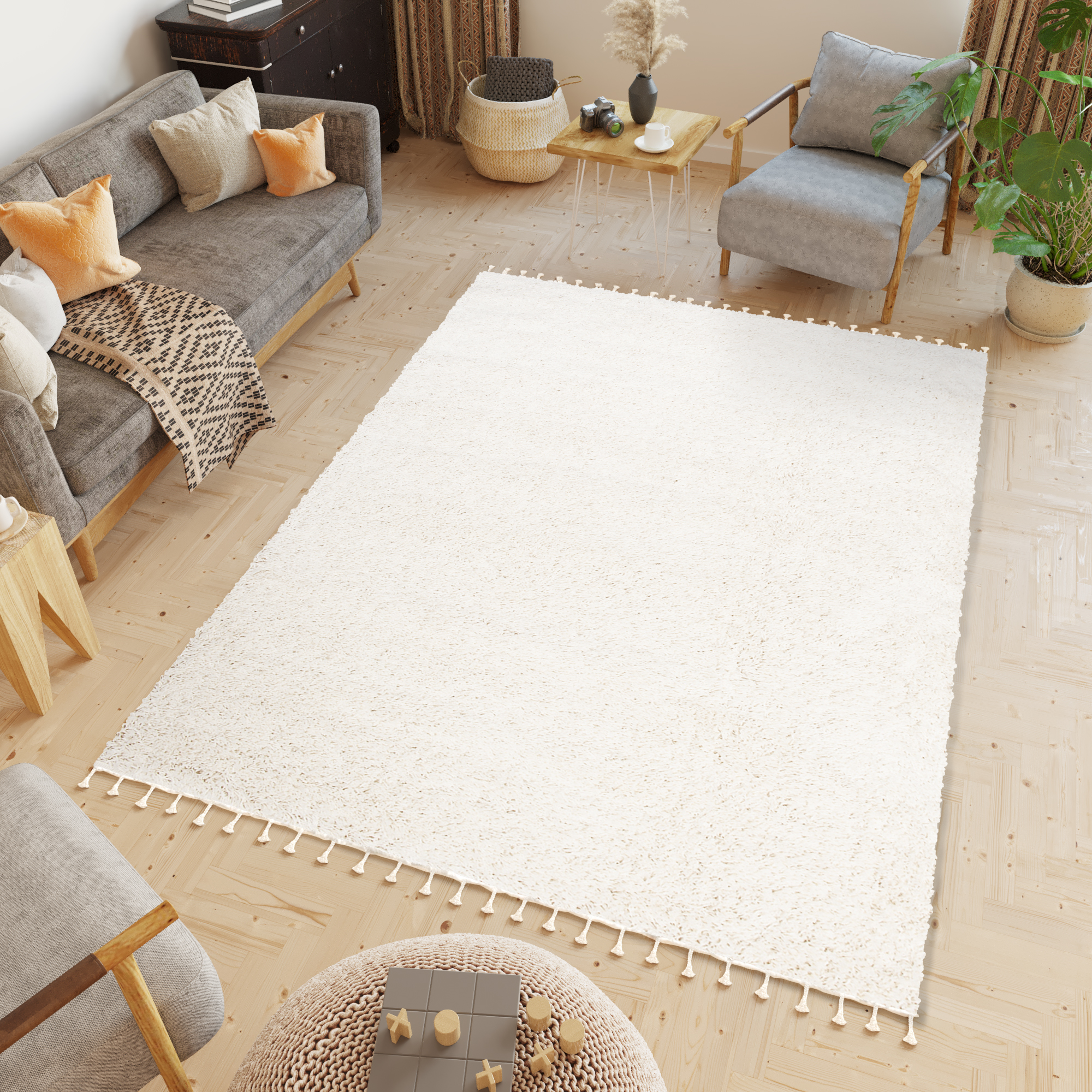 Tappeto Boho con Frange Crema Shaggy