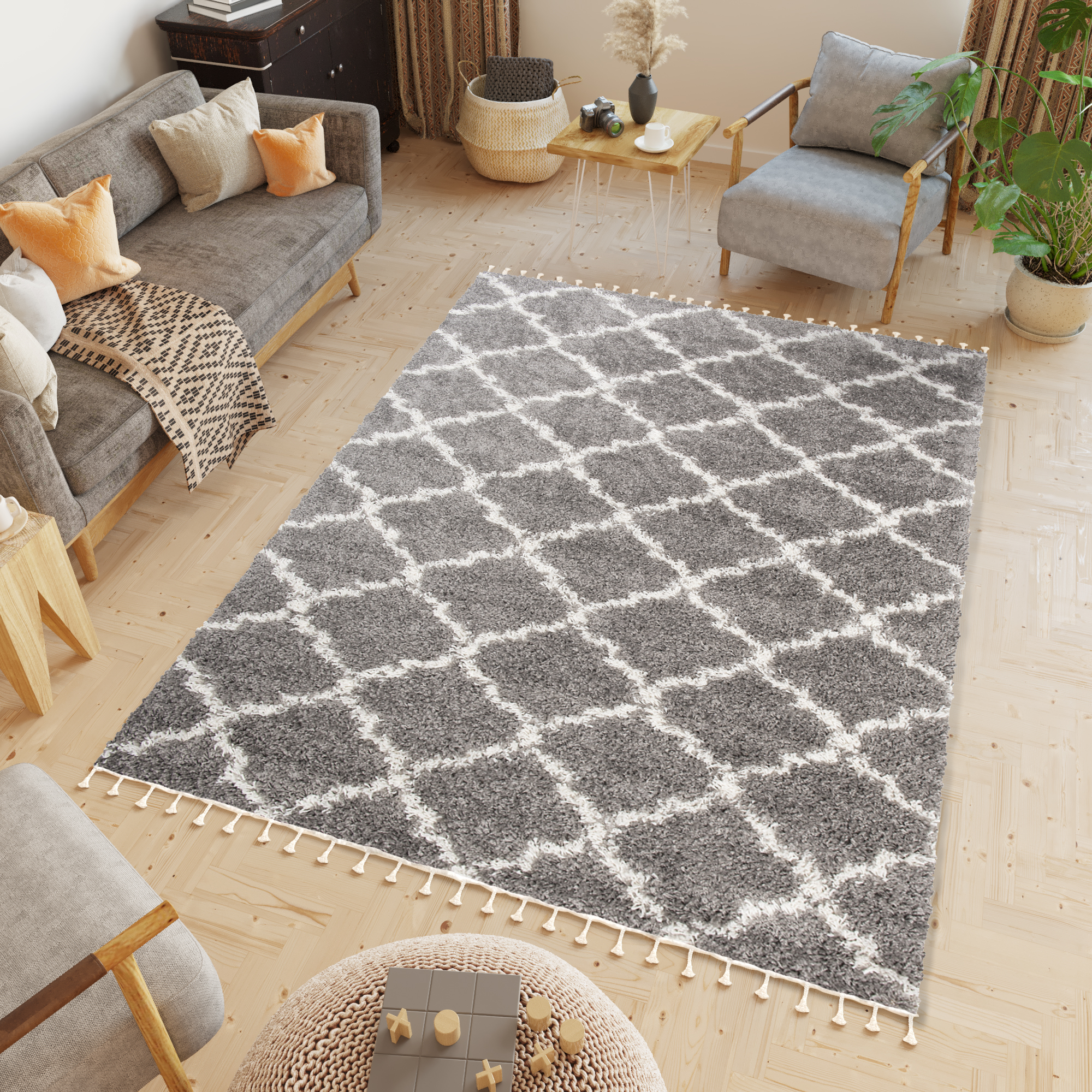 Tappeto Boho con Frange Grigio Trellis Shaggy