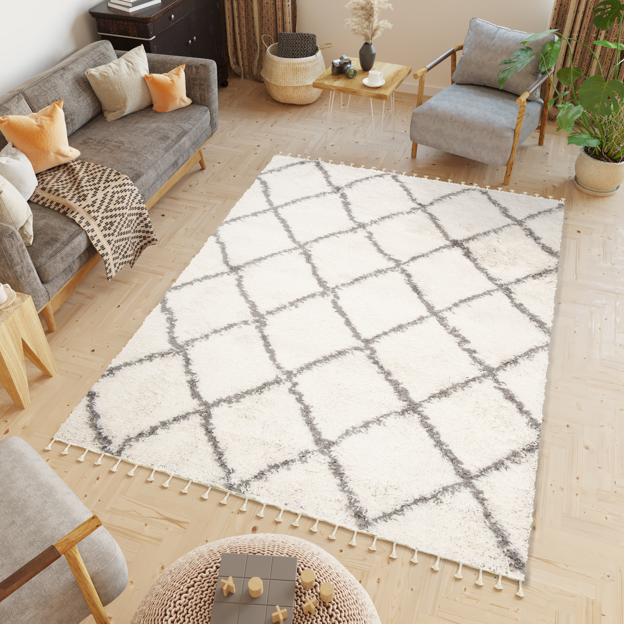 Tappeto Boho con Frange Crema Rombi Shaggy