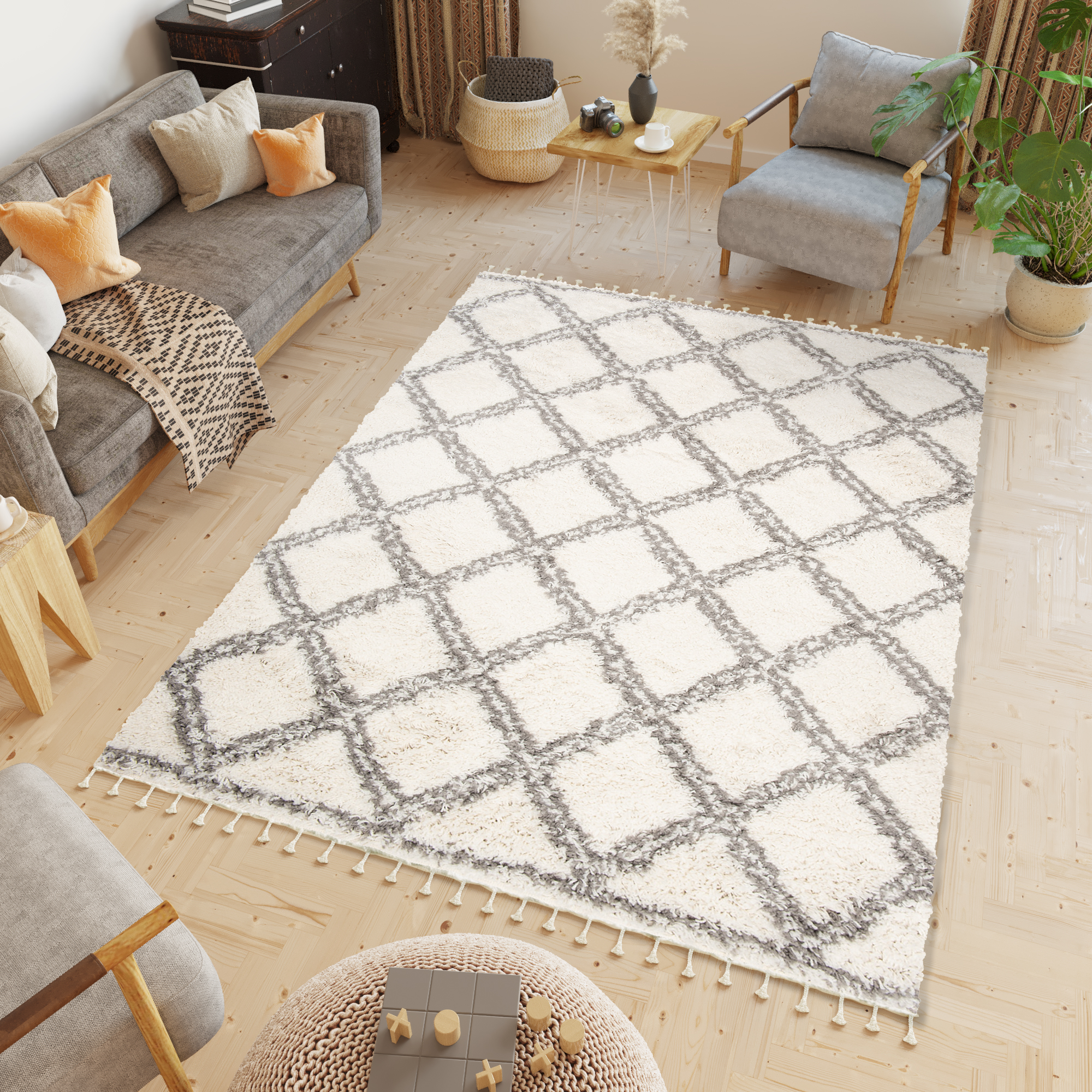 Tappeto Boho con Frange Crema a Scacchiera Shaggy