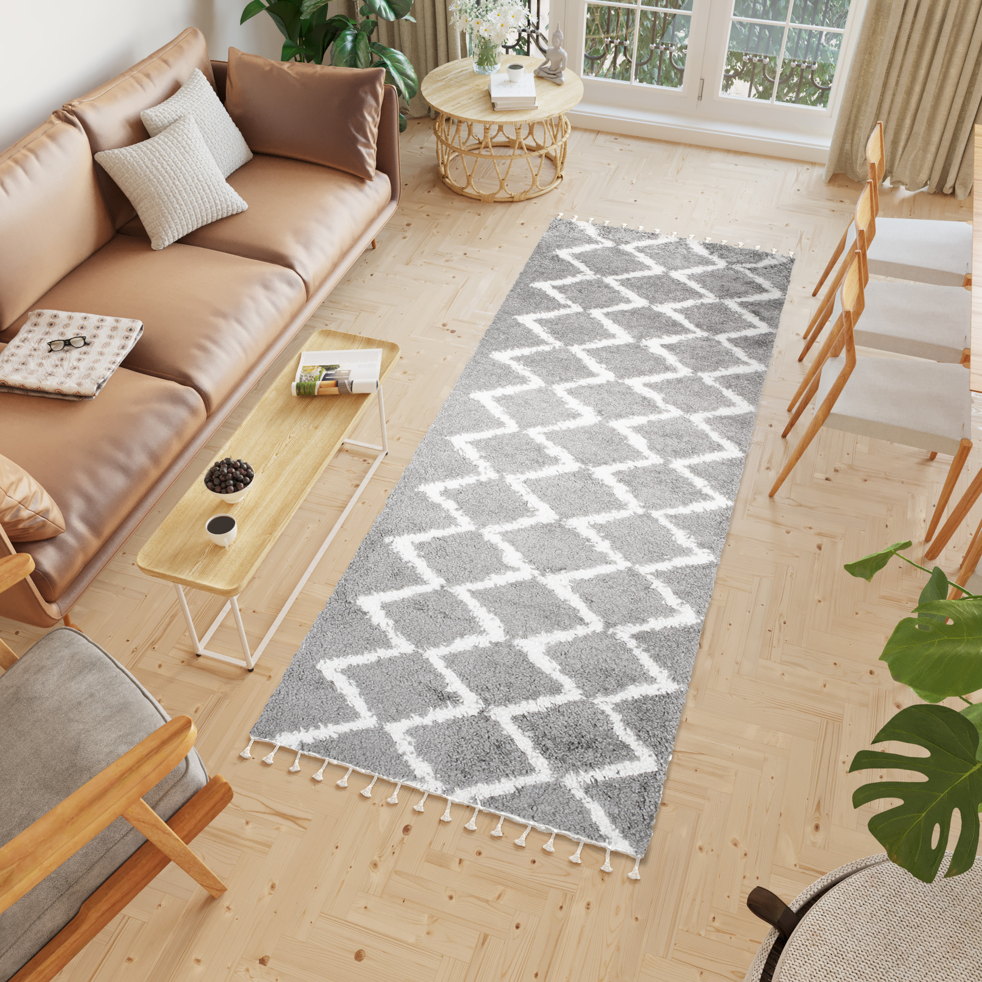 Tappeto Passatoia Boho con Frange Grigio ZigZag Shaggy
