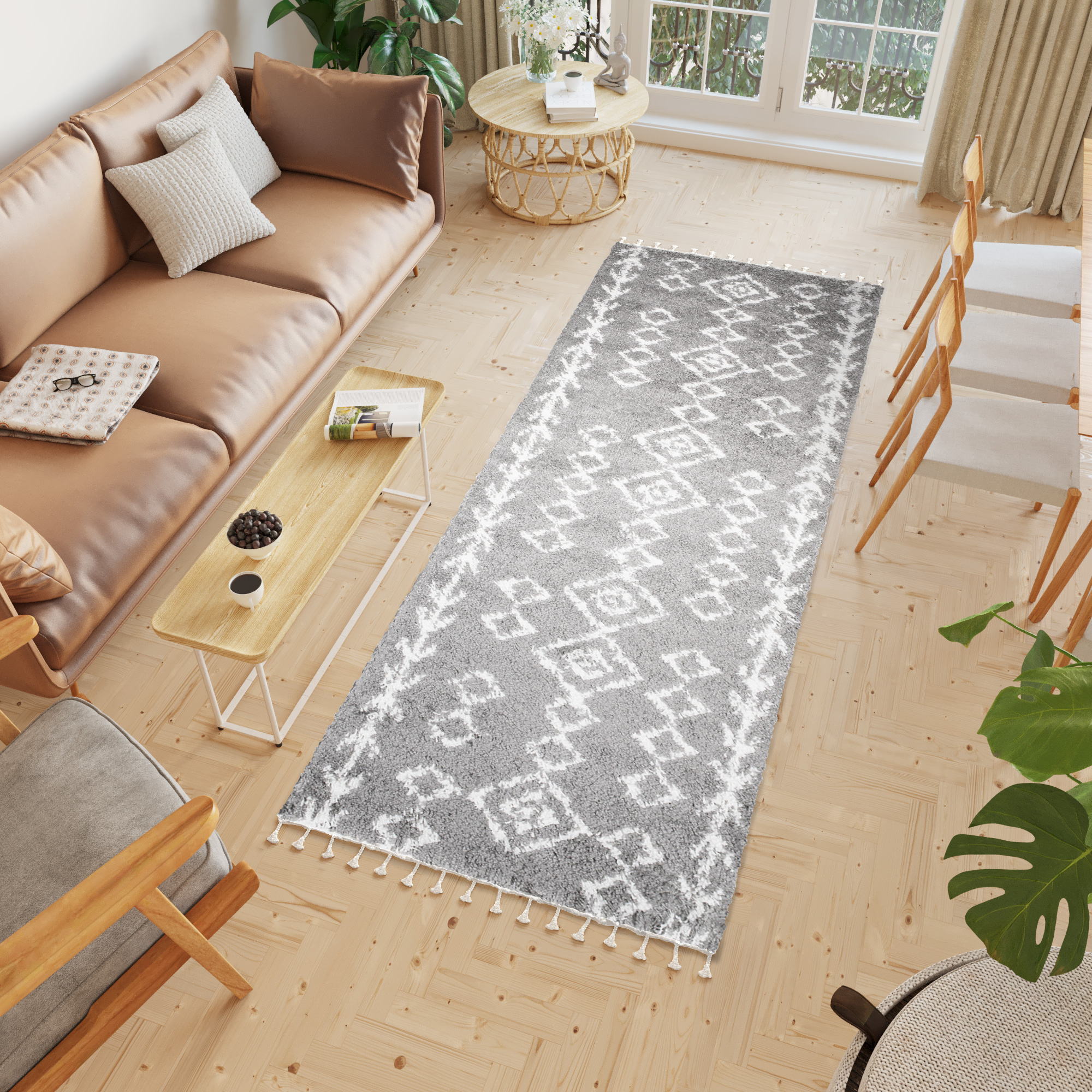 Tappeto Passatoia Boho con Frange Grigio Geometrico Shaggy
