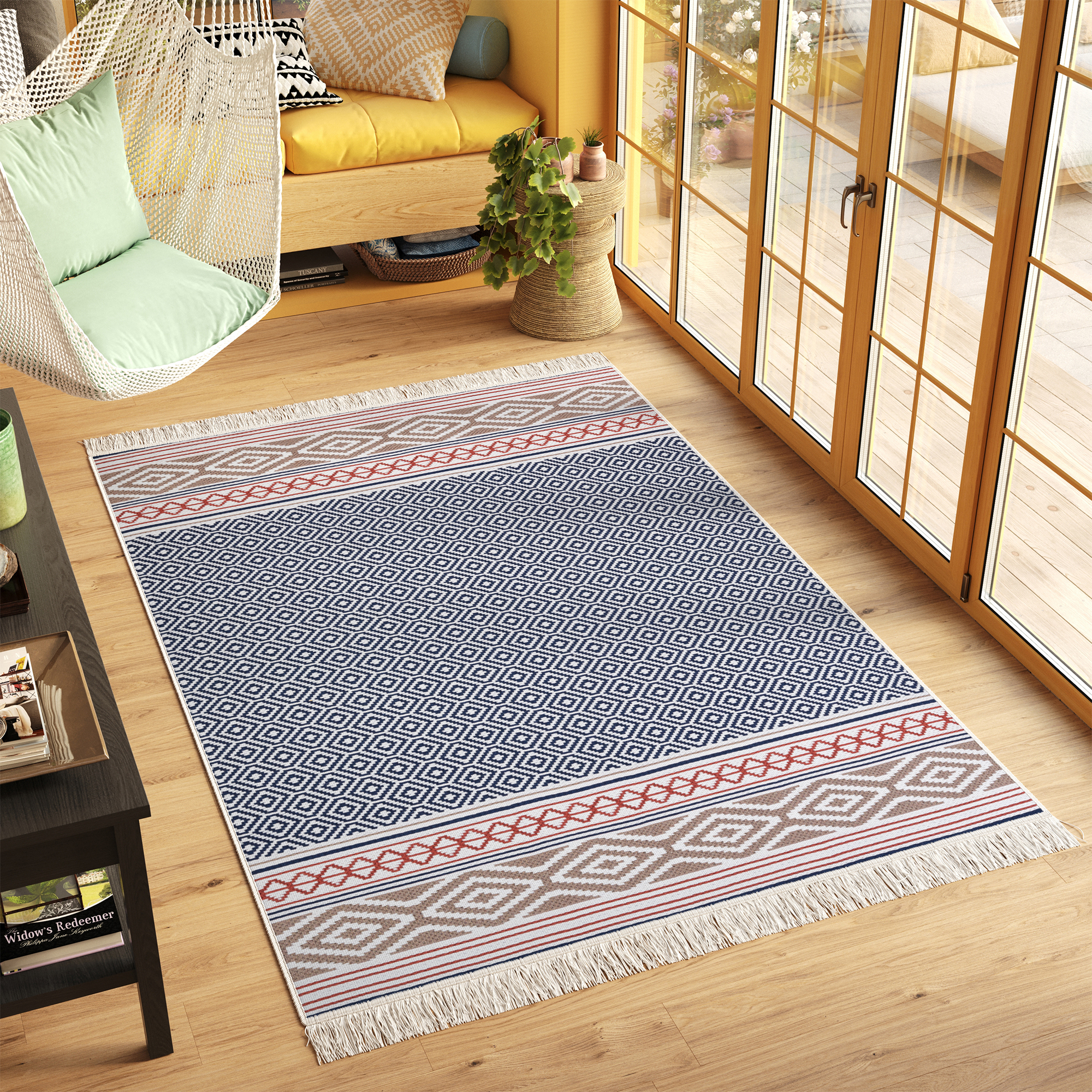 Tappeto Azteca Cotone Blu Rosso con Frange
