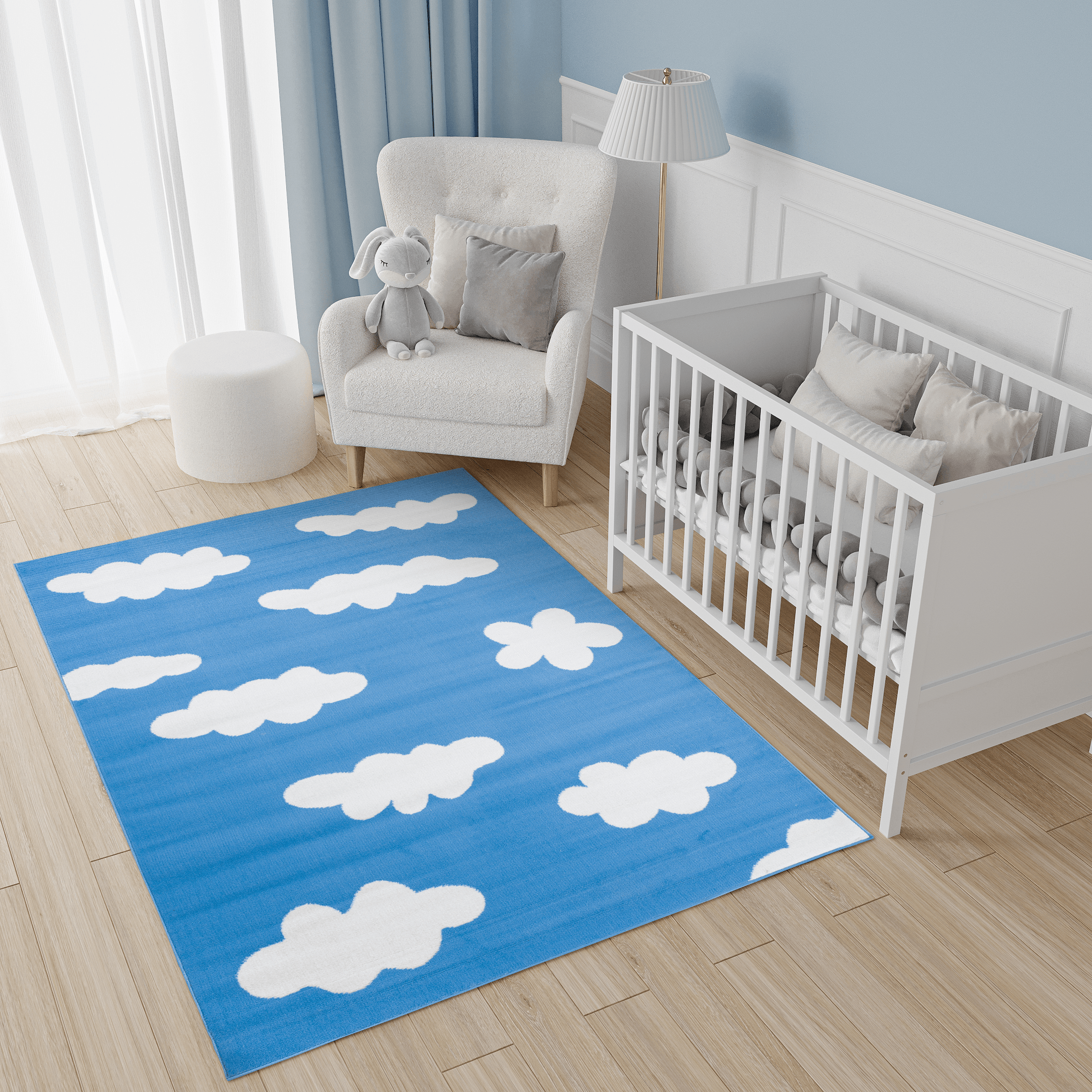 Tappeto Per Bambini Pinky Blu Bianco Nuvole