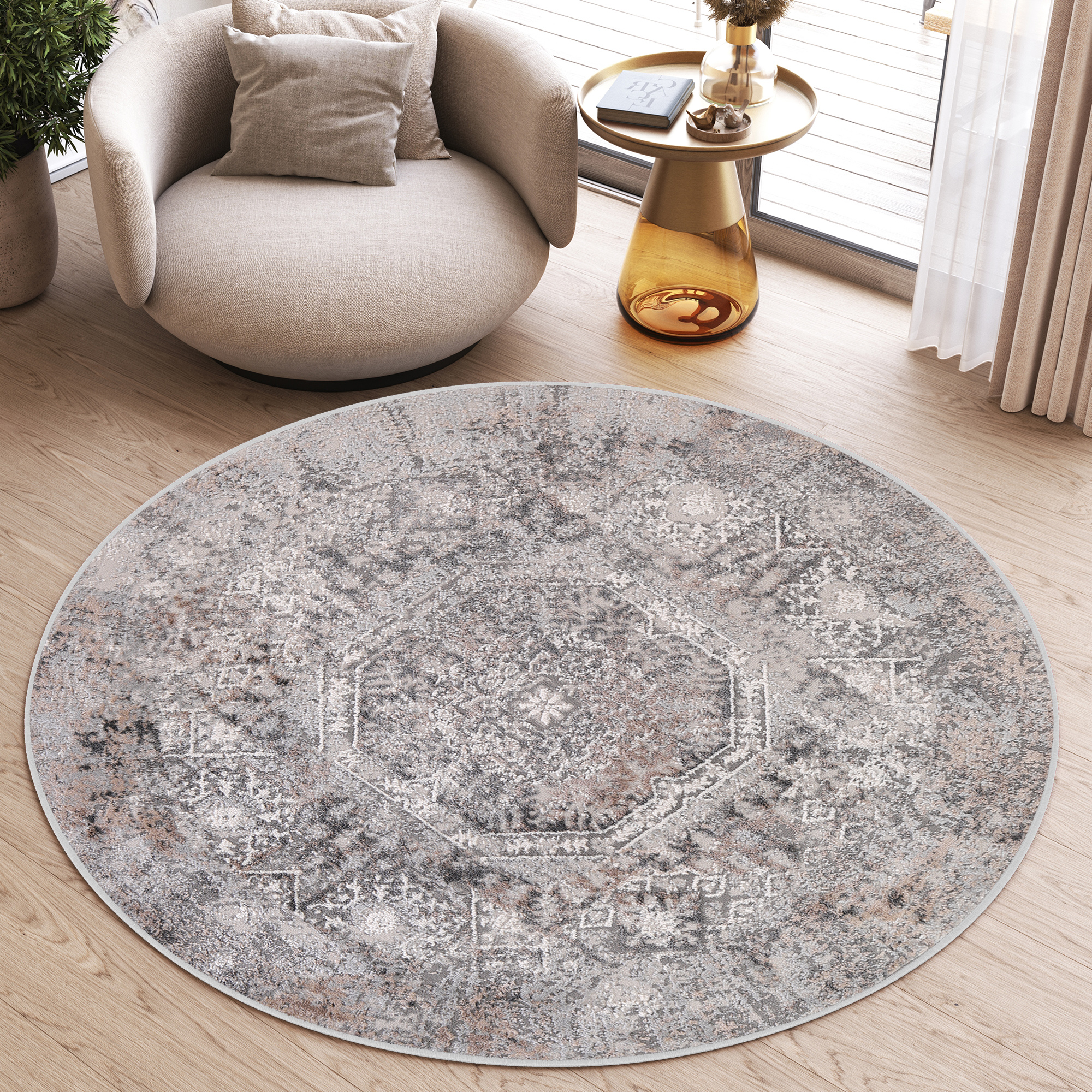 Tappeto Valley Rotondo Grigio Beige Vintage Ornamenti