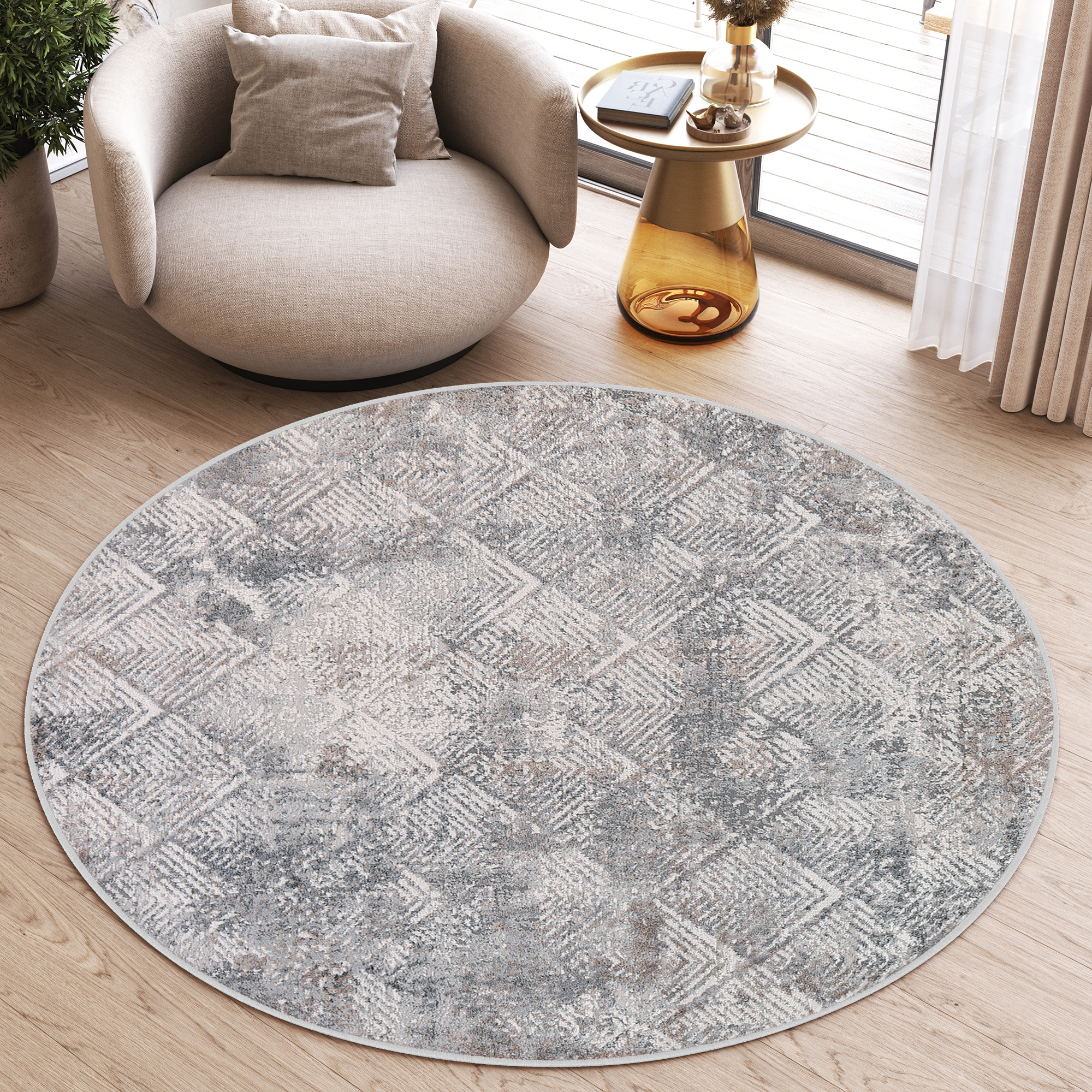 Tappeto Valley Rotondo Grigio Beige Geometrico Quadrato