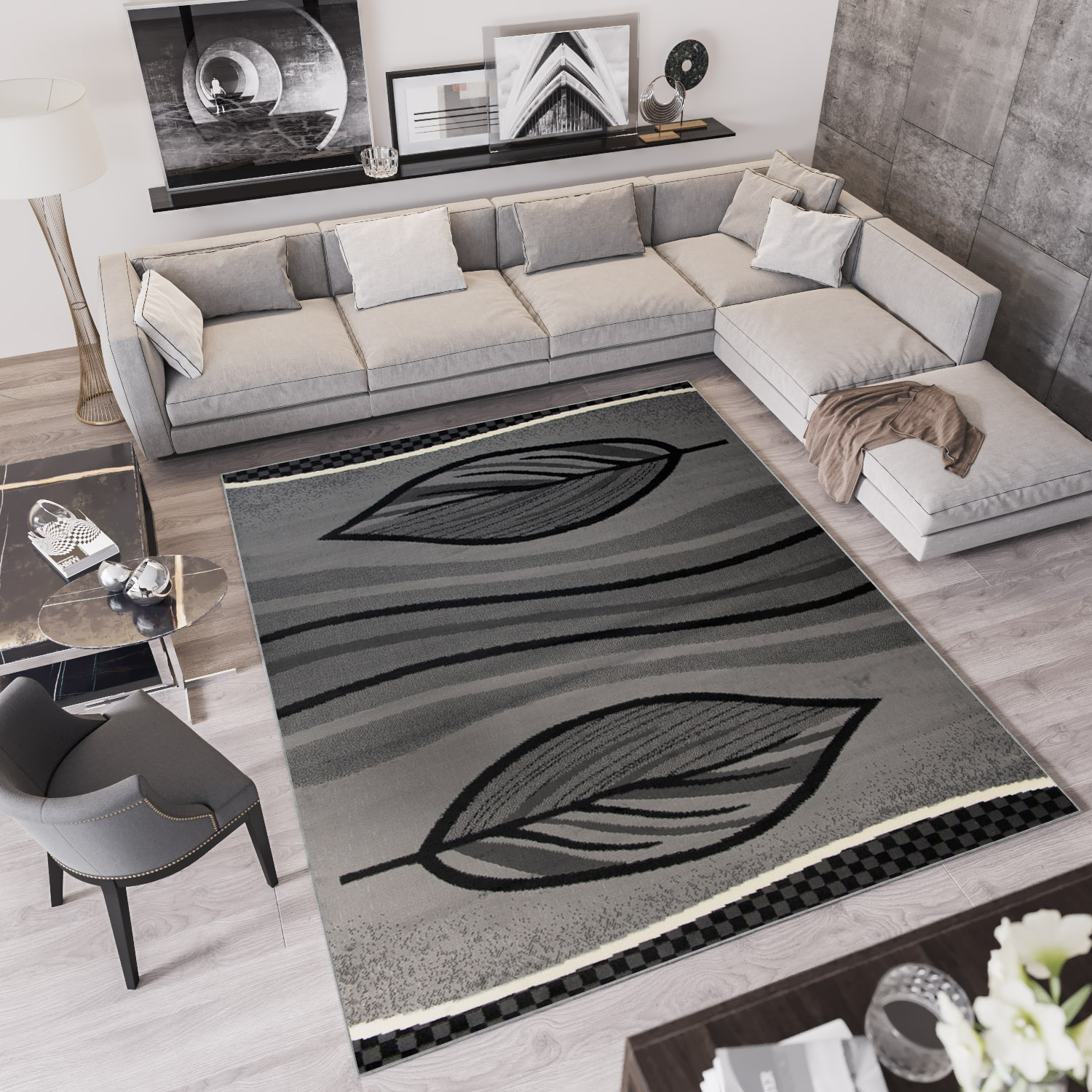 Tappeto Qmega Grigio Nero Moderno Foglie
