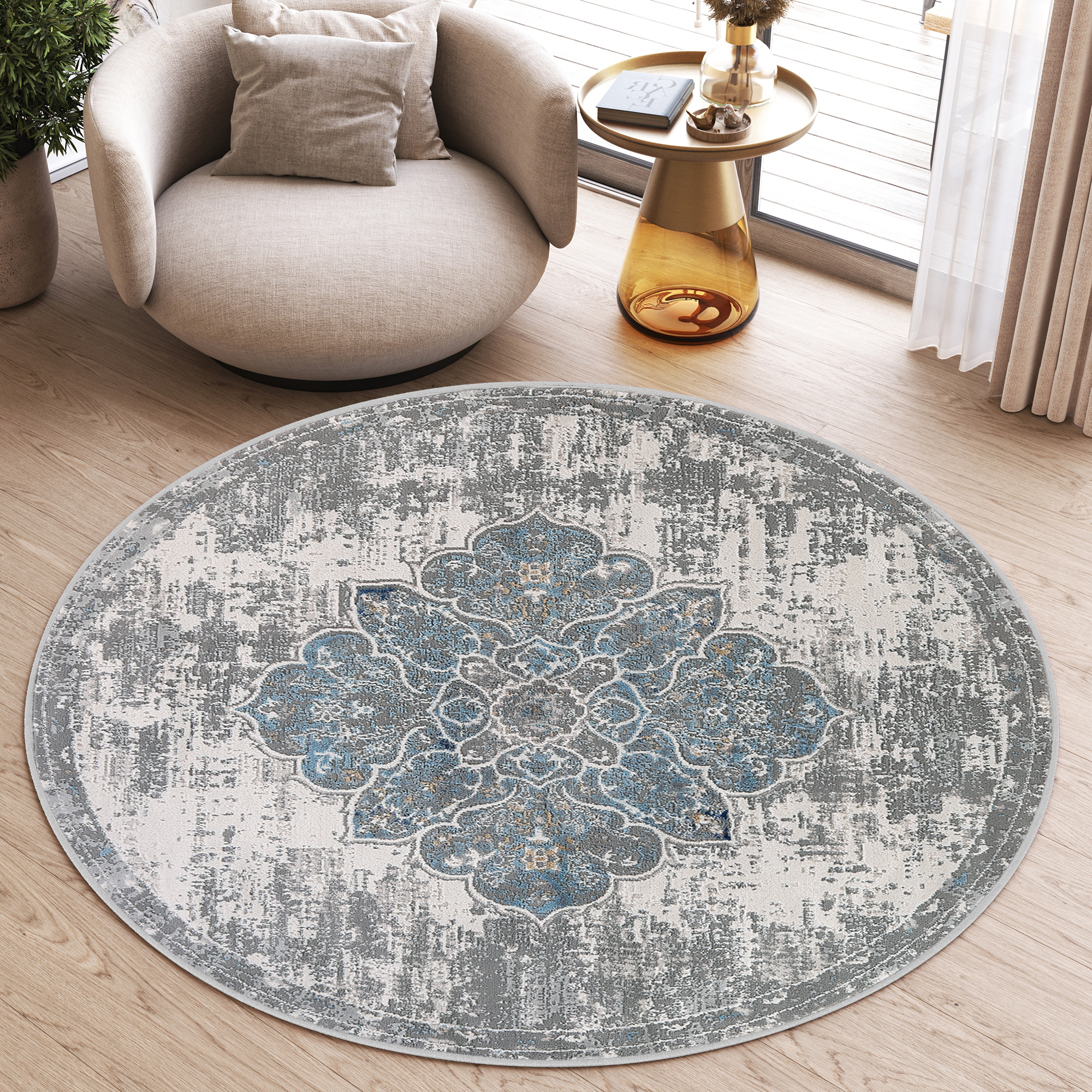 Tappeto Valley Rotondo Grigio Blu Vintage Floreale