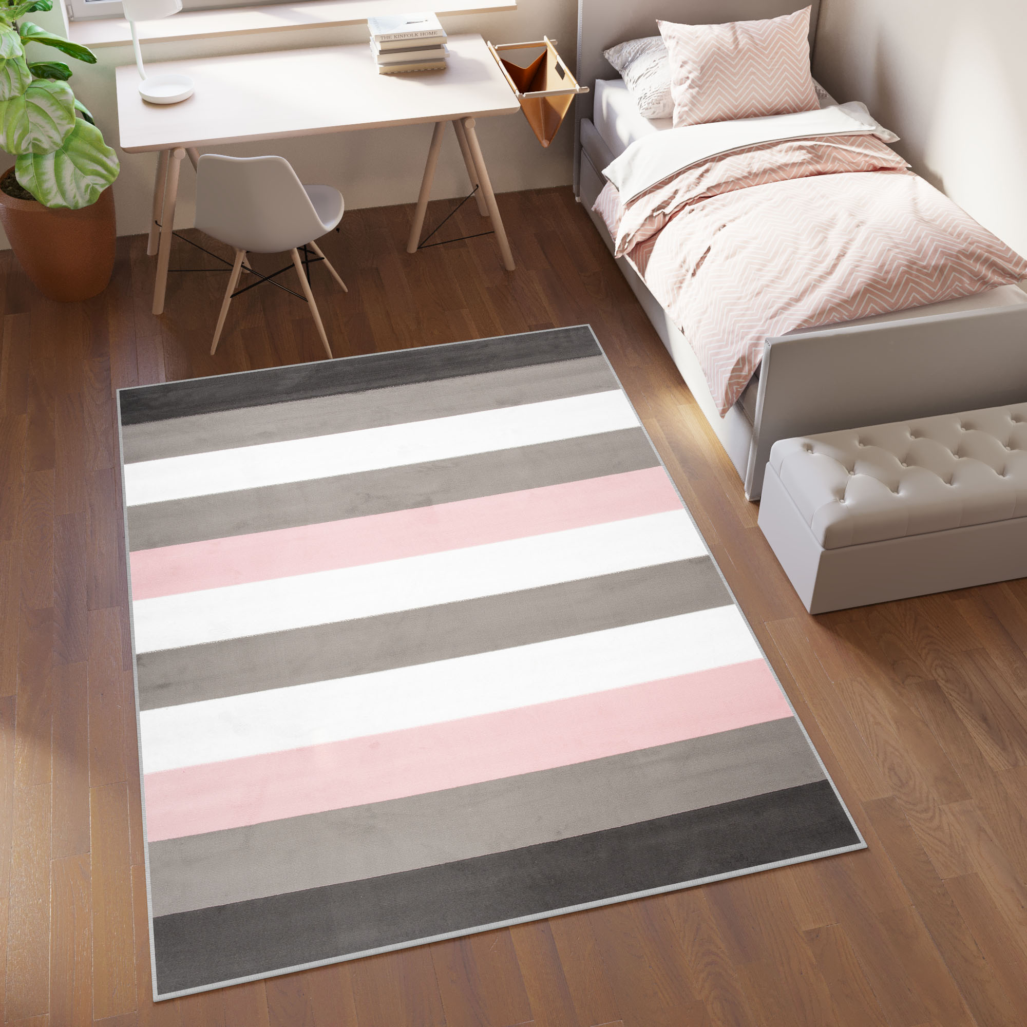 Tappeto Per Bambini Pinky Grigio Rosa Strisce