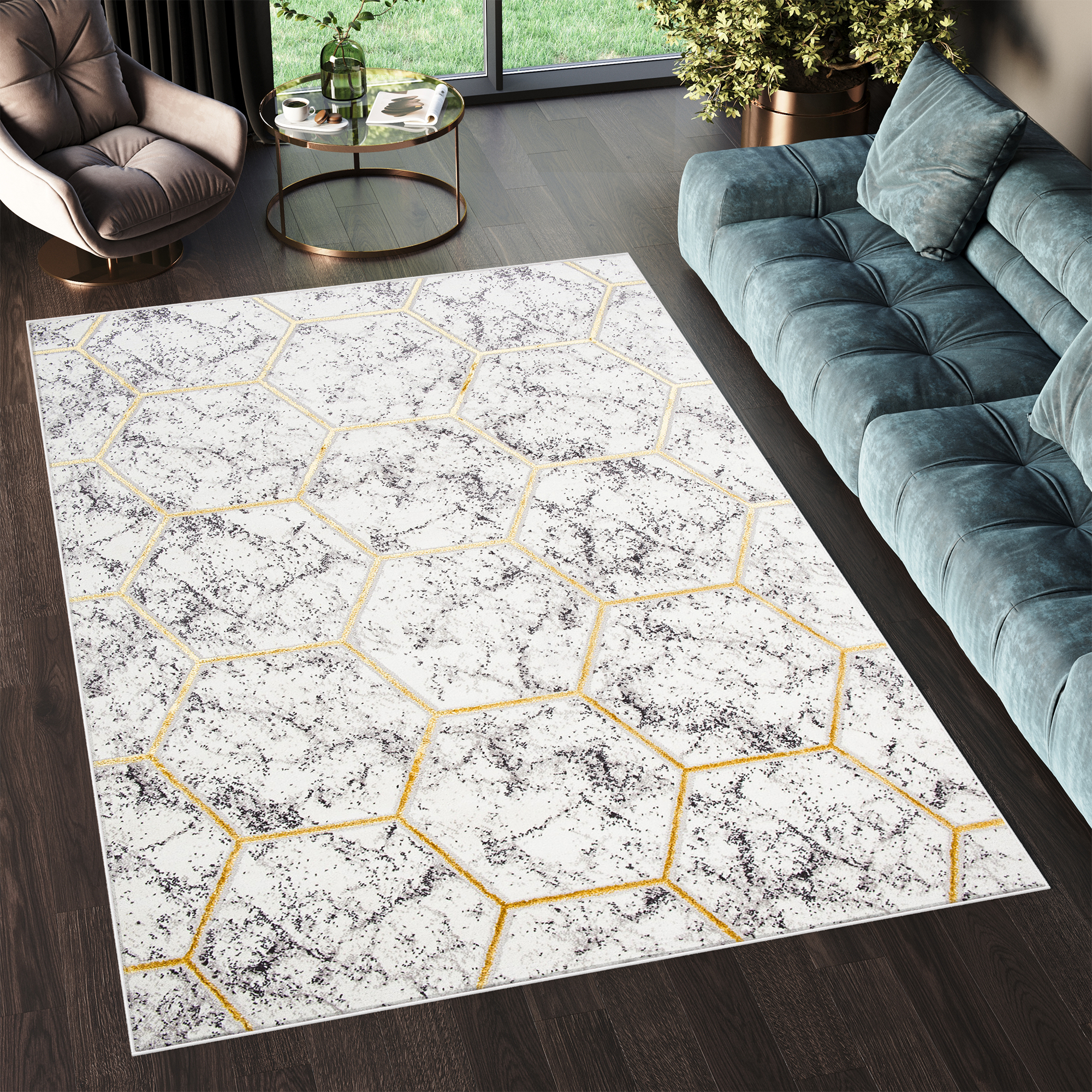 Tappeto Shine Grigio Oro Geometrico Esagono Effetto 3D