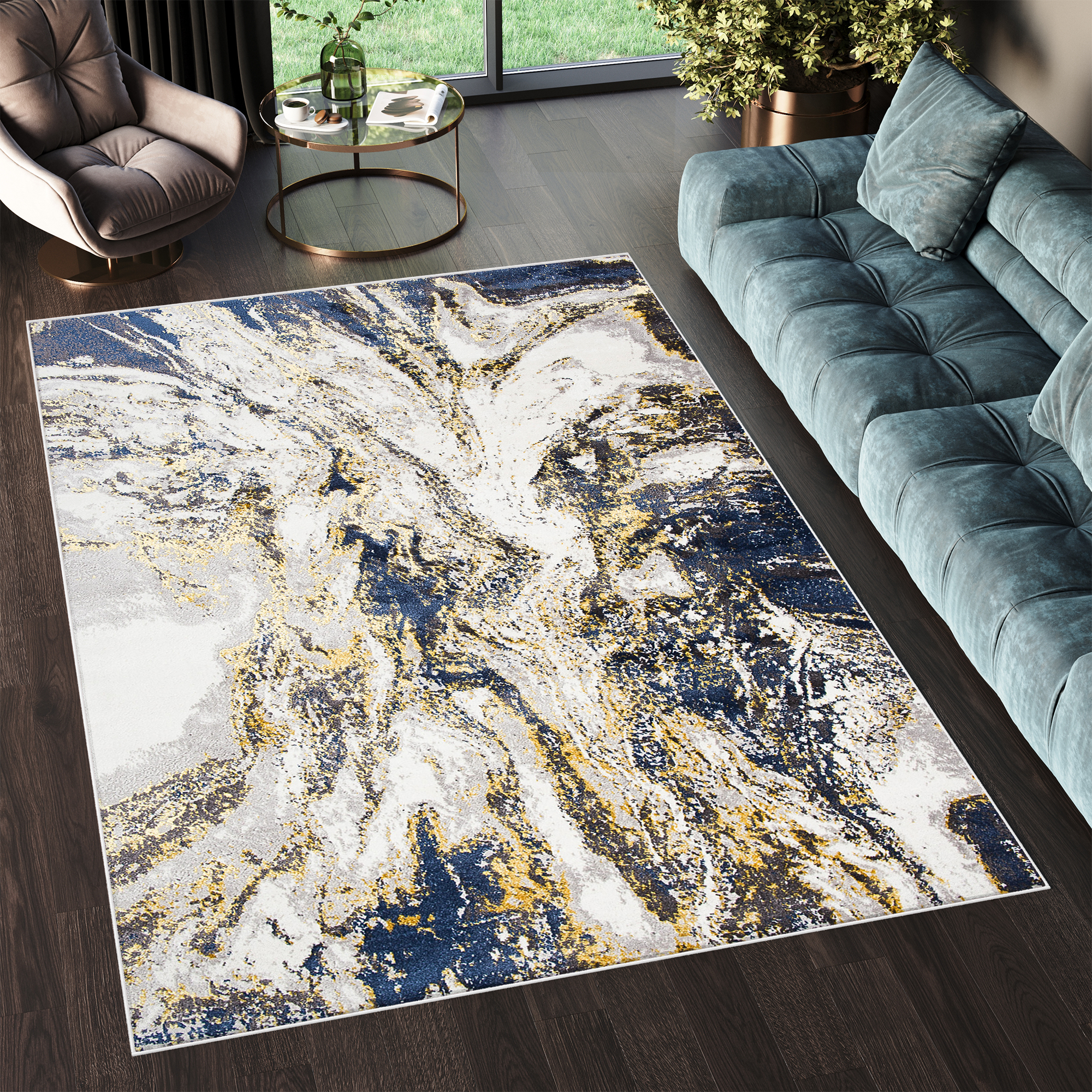 Tappeto Shine Blu Scuro Crema Oro Astratto Effetto 3D