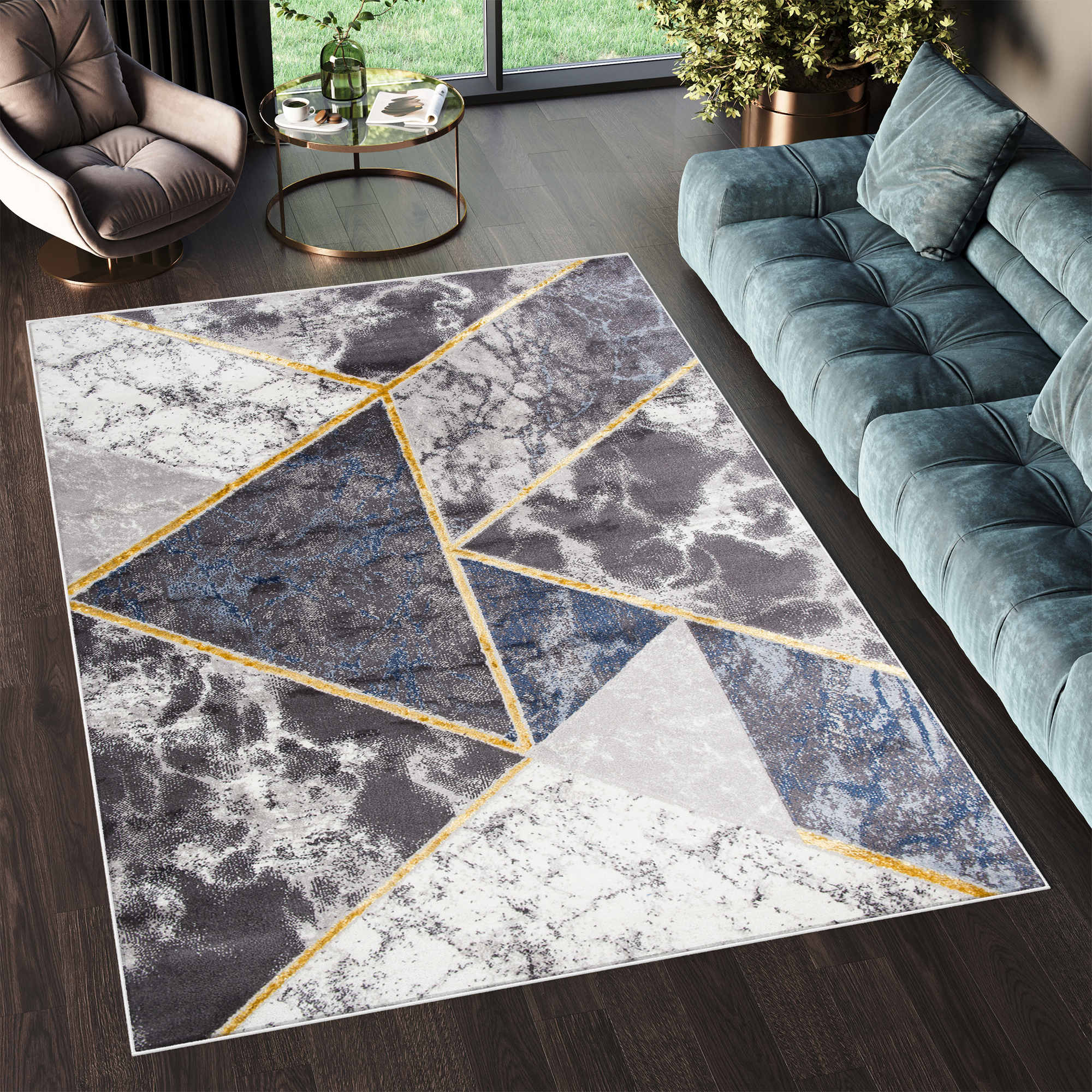 Tappeto Shine Grigio Blu Oro Geometrico Effetto 3D