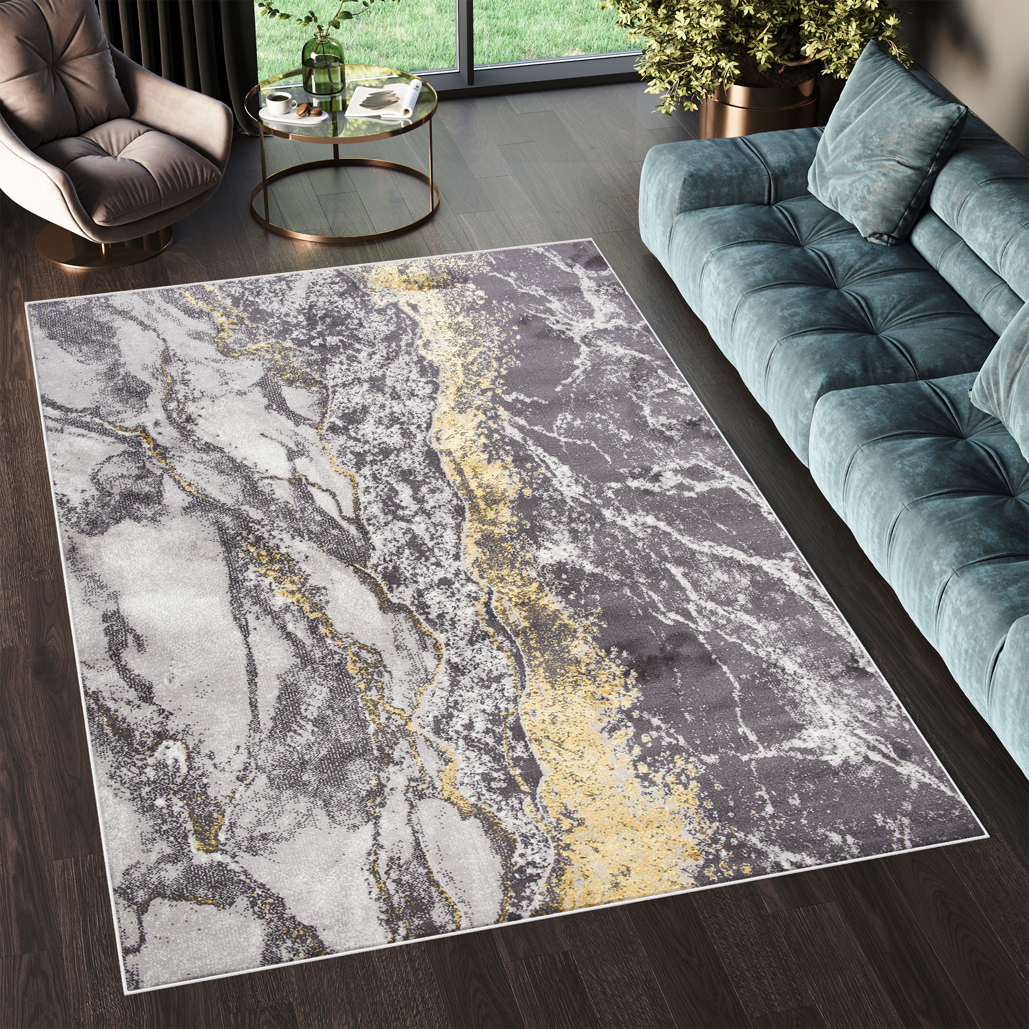 Tappeto Shine Grigio Oro Moderno Marmo Effetto 3D