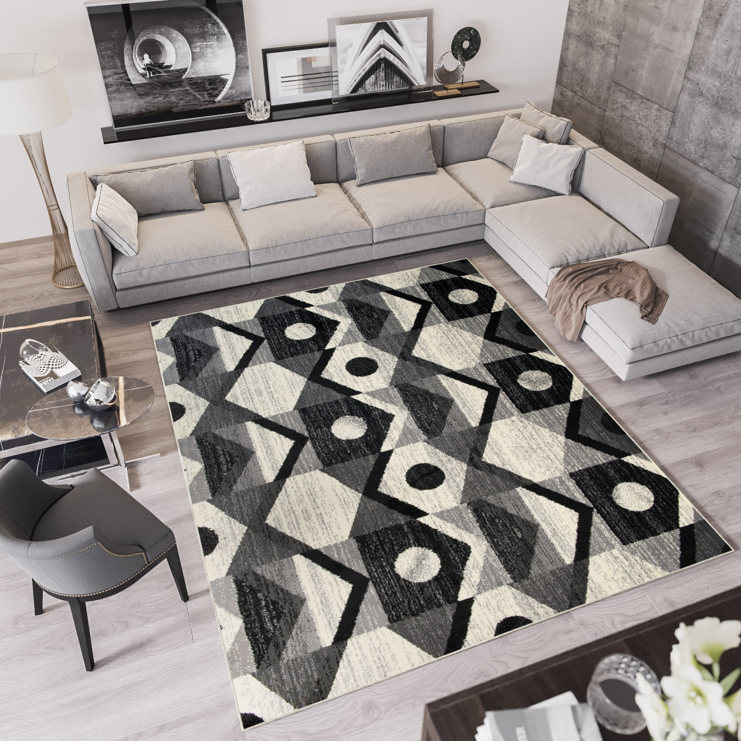 Tappeto Qmega Geometrico Nero Grigio Cerchi a Zigzag