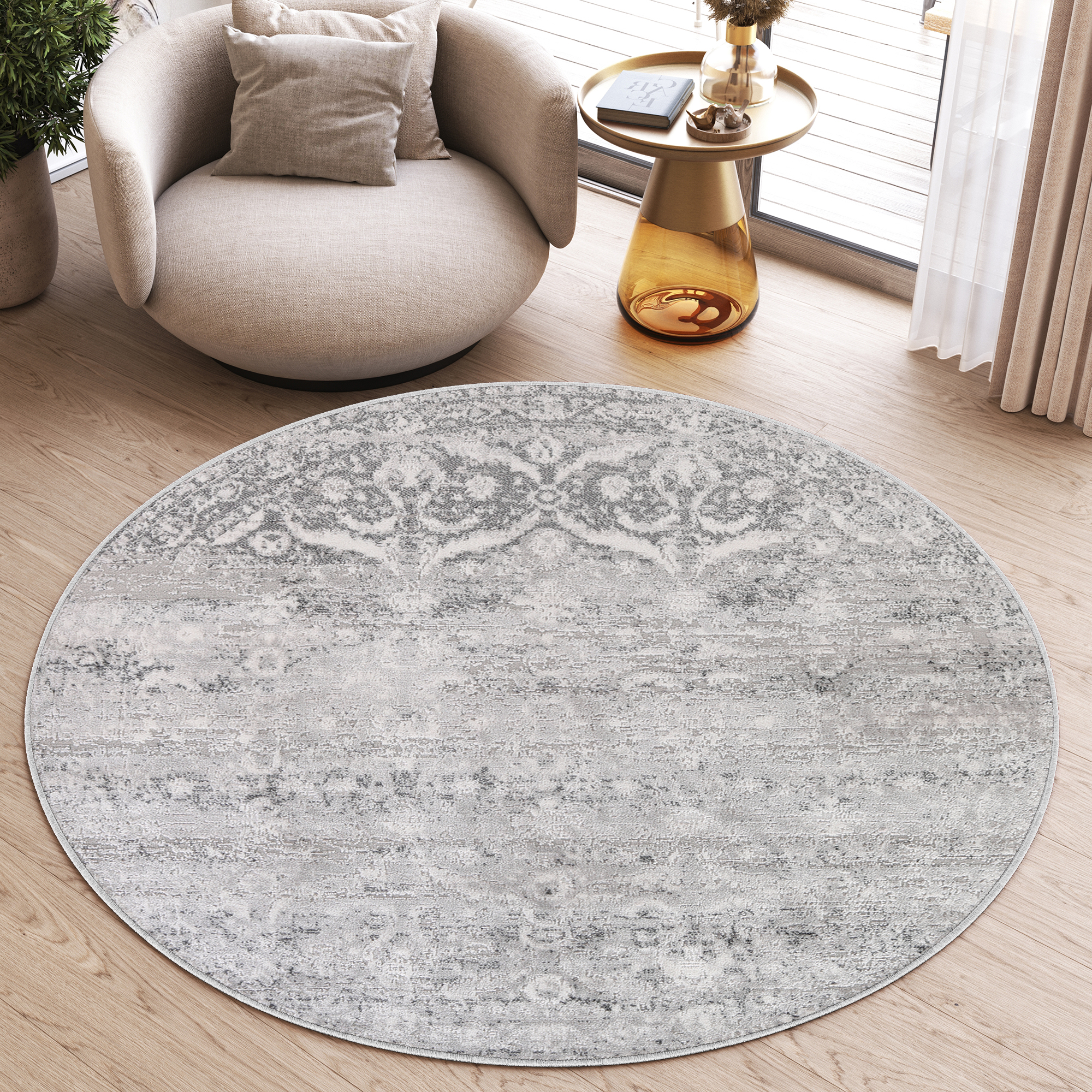 Tappeto Sky Rotondo Grigio Vintage Floreale Sfumato