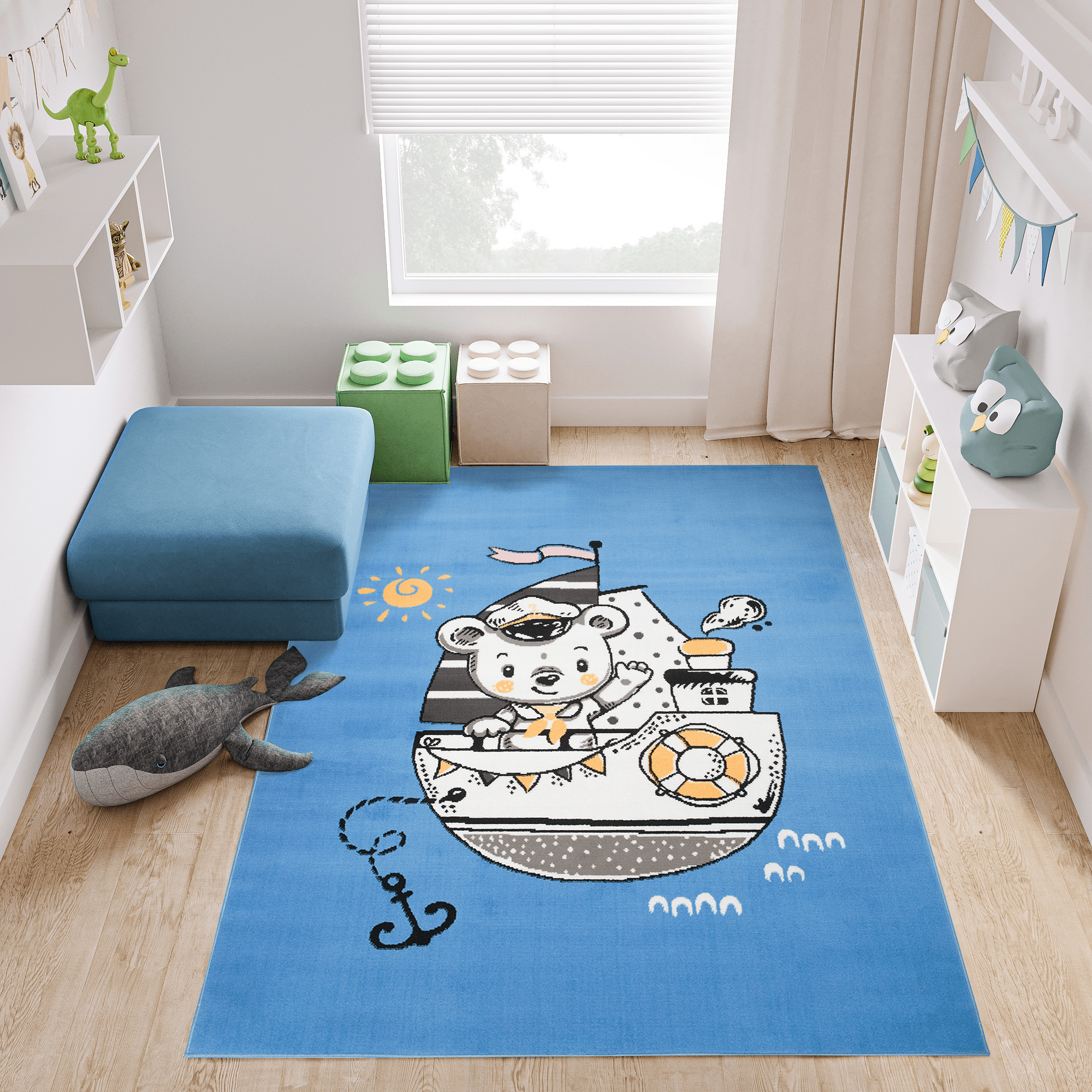 Tappeto Jolly Bambini Cameretta Animali Orsetto Nave Blu A Pelo Corto